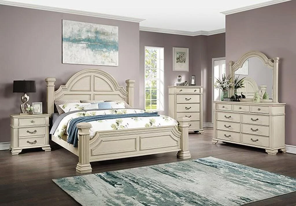 Antique White Solid Wood Queen Bedroom Set 6pcs FOA FOA7144WH Pamphilos