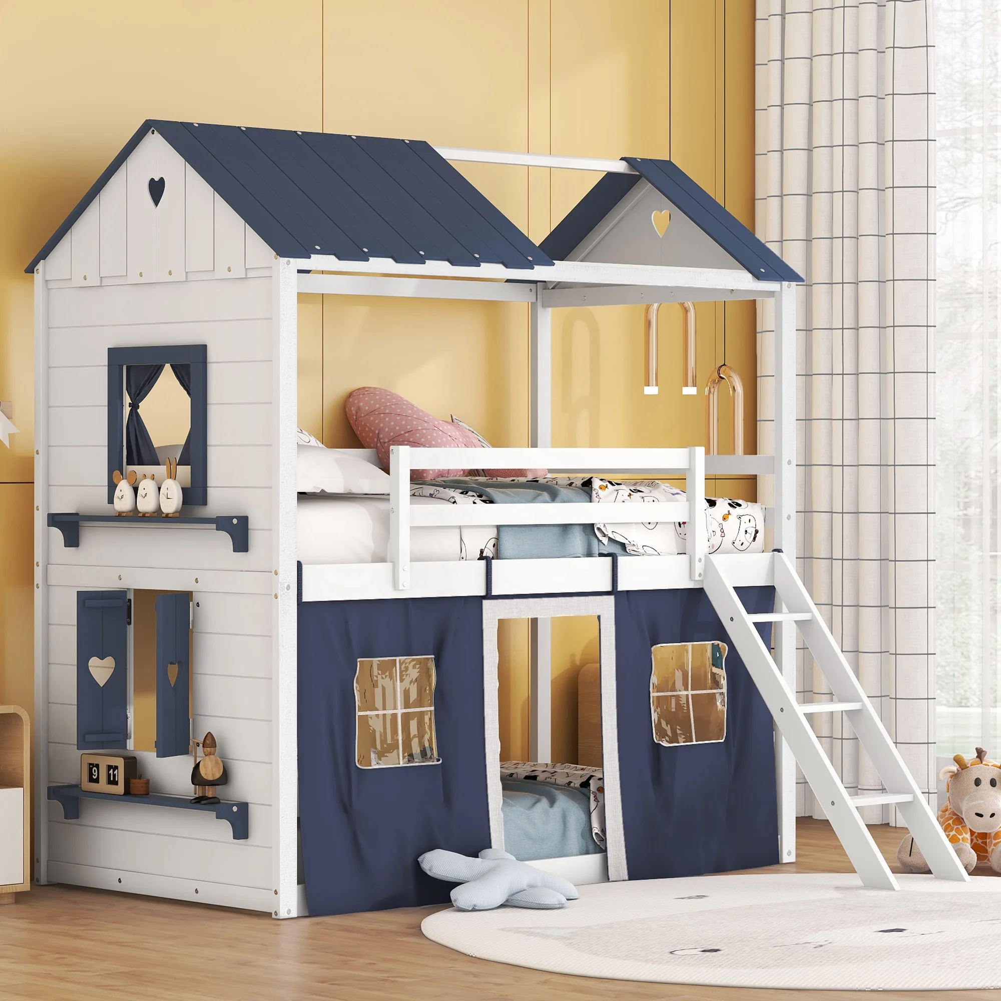 Churanty Twin Over Twin Bunk Wood House Bed with Elegant Windows Sills and Tent, Twin House Bunk Beds for Kids Girls Boys,Blue