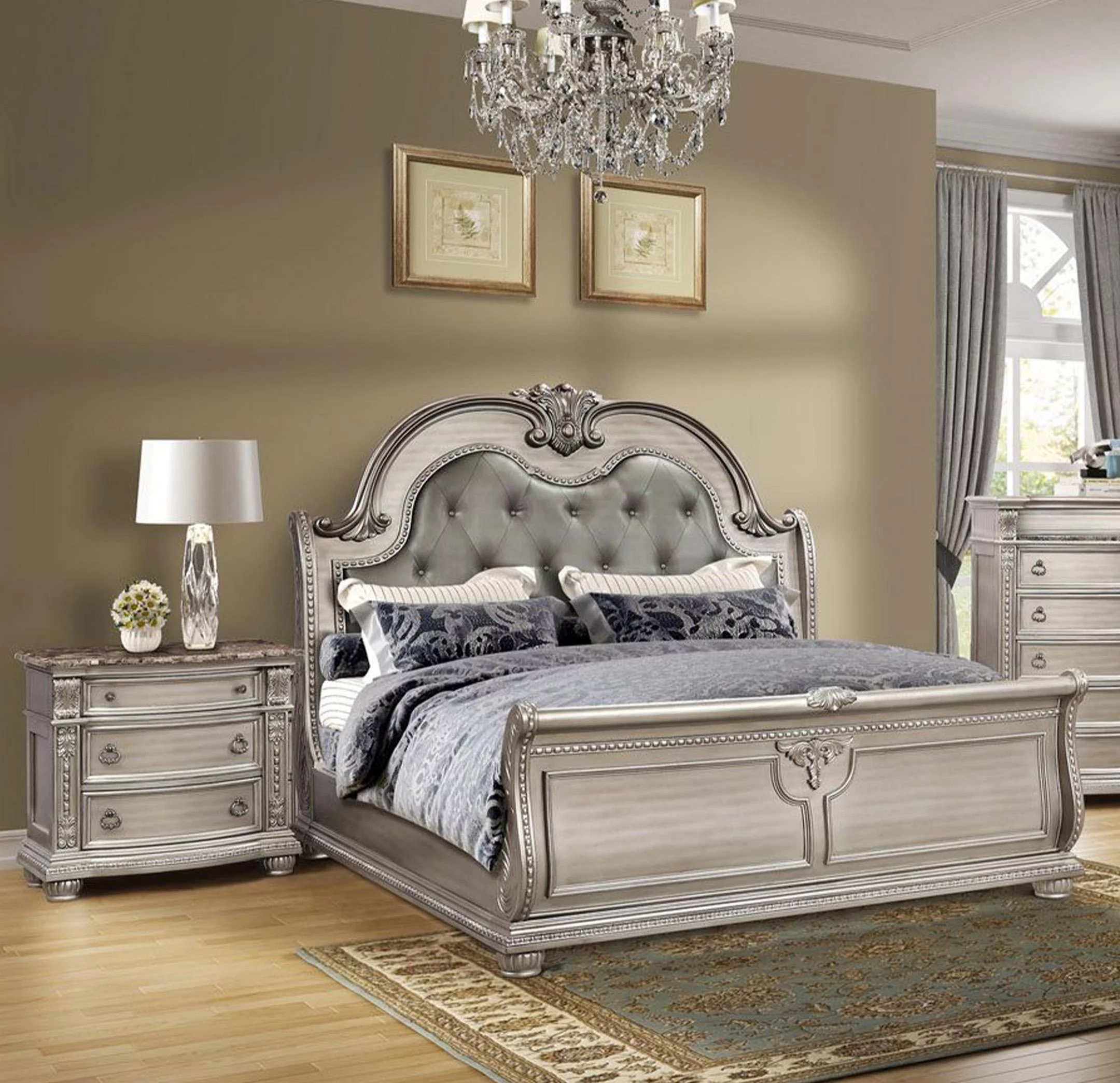 Antique Platinum Sleigh Queen Bedroom Set 2P B9506 Mcferran Classic Traditional