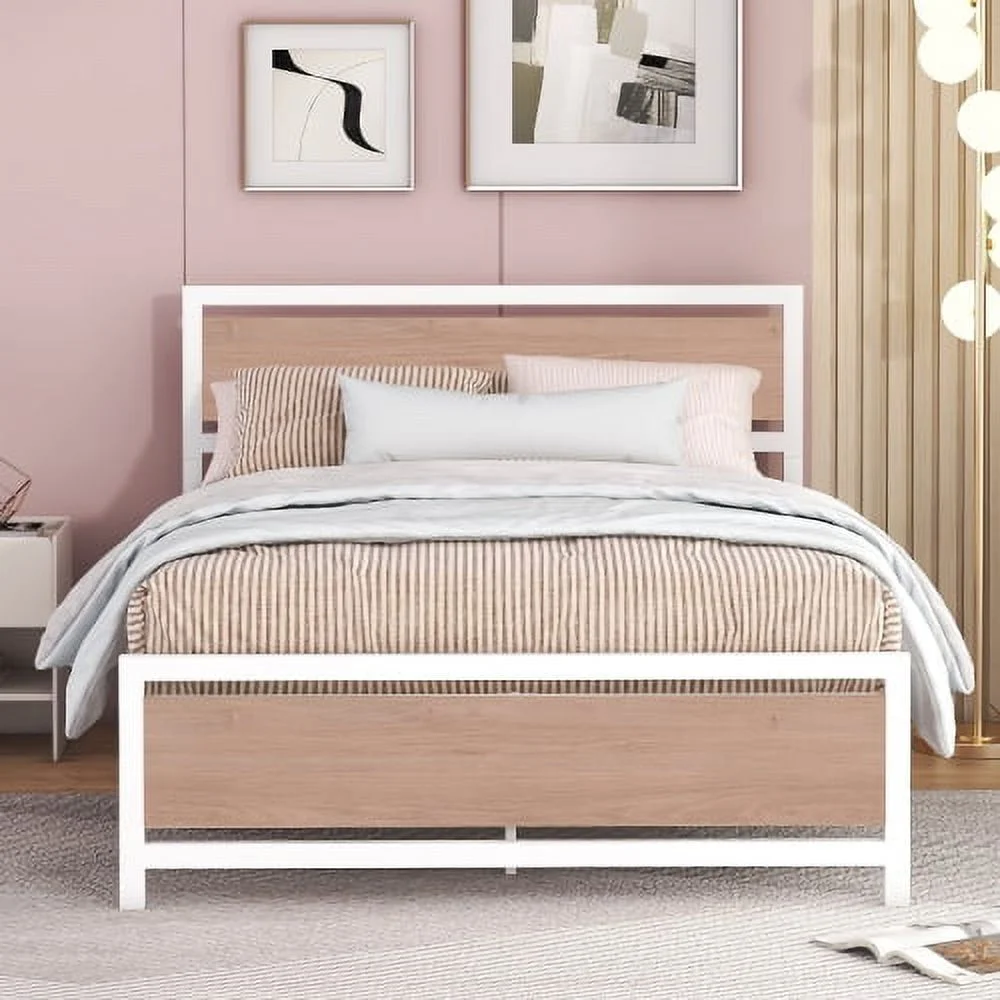 Full Size Platform Bed, Metal and Wood Bed Frame with Headboard and Footboard - White