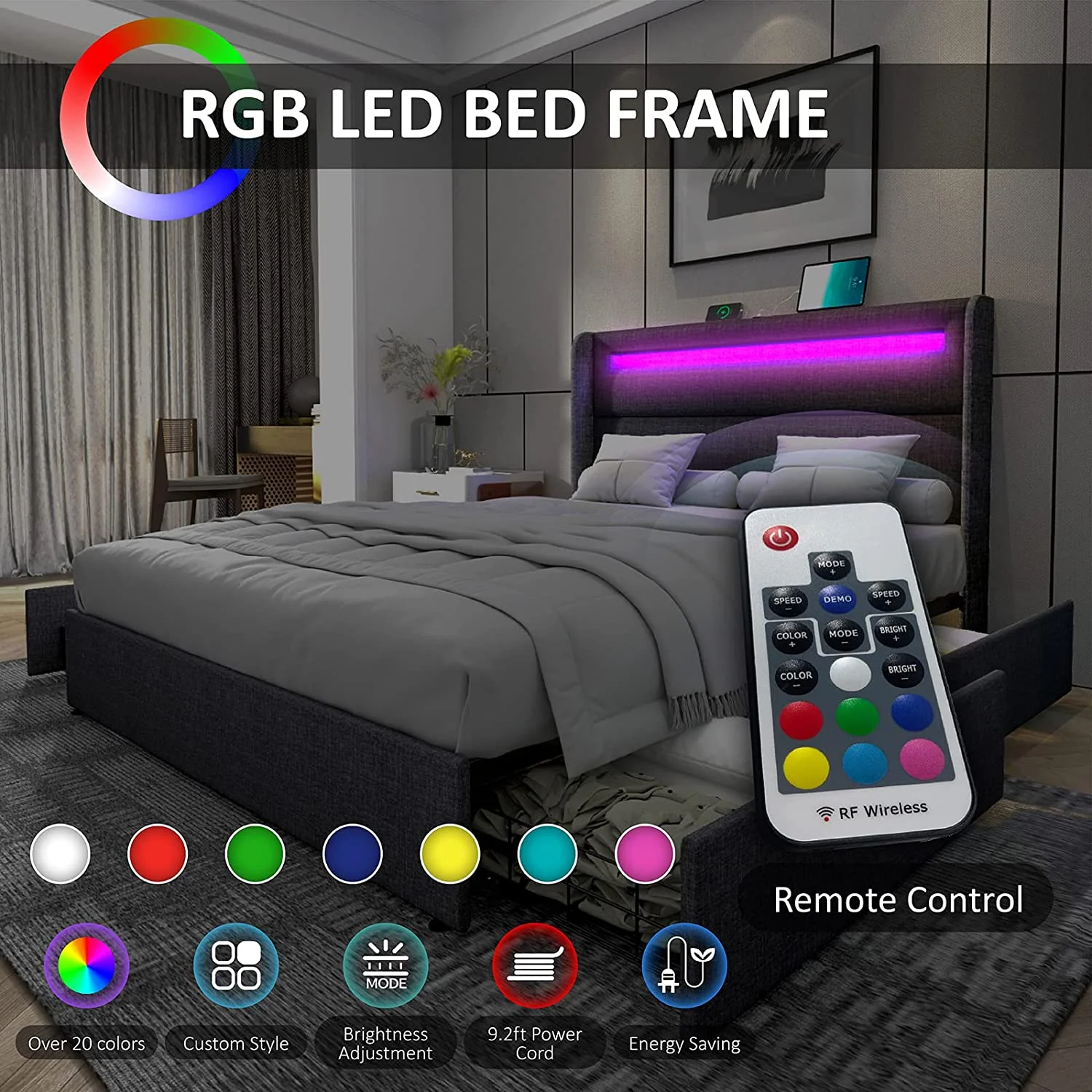 AMERLIFE Queen Upholstered Bed Frame with RGBW LED Headboard, 4 Storage Drawers & USB Ports, Dark Grey