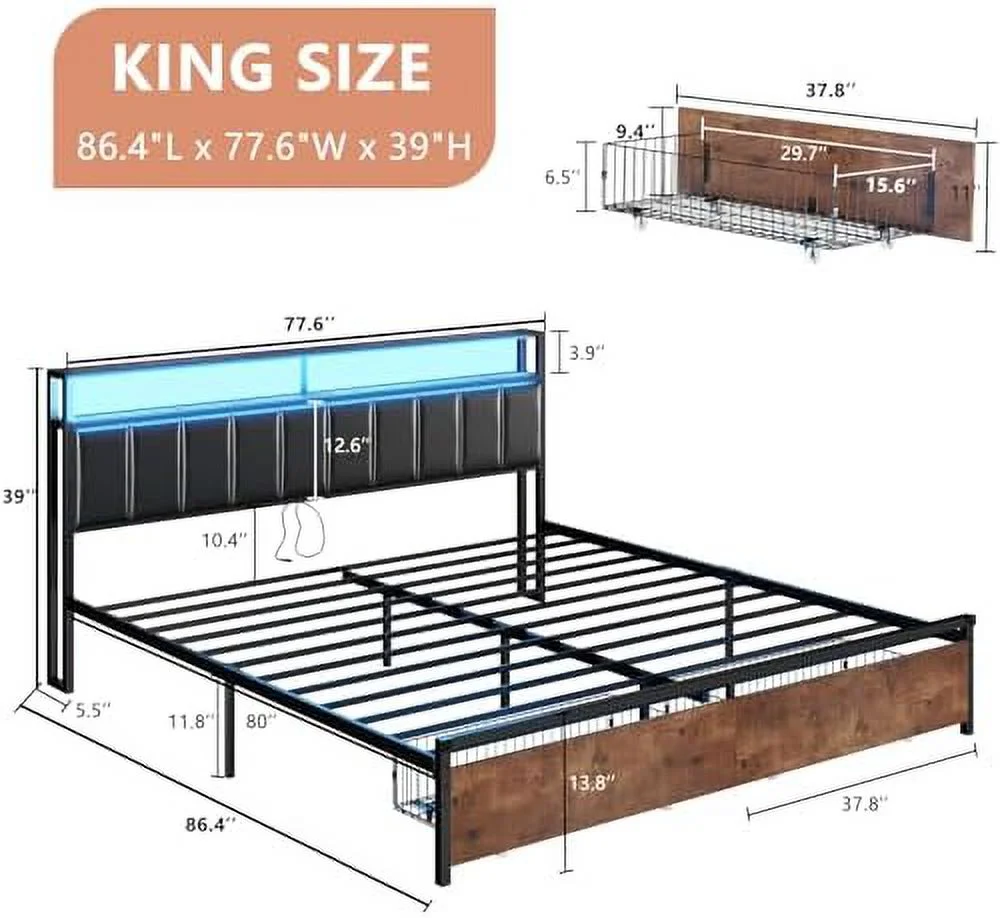 xrboomlife LED Bed Frame with Drawers  King Platform Bed Frame with 2-Tier  & Leather Upholstered & Charging Station Headboard  No Box Spring Needed  Easy Assembly  Noise Free  Ru