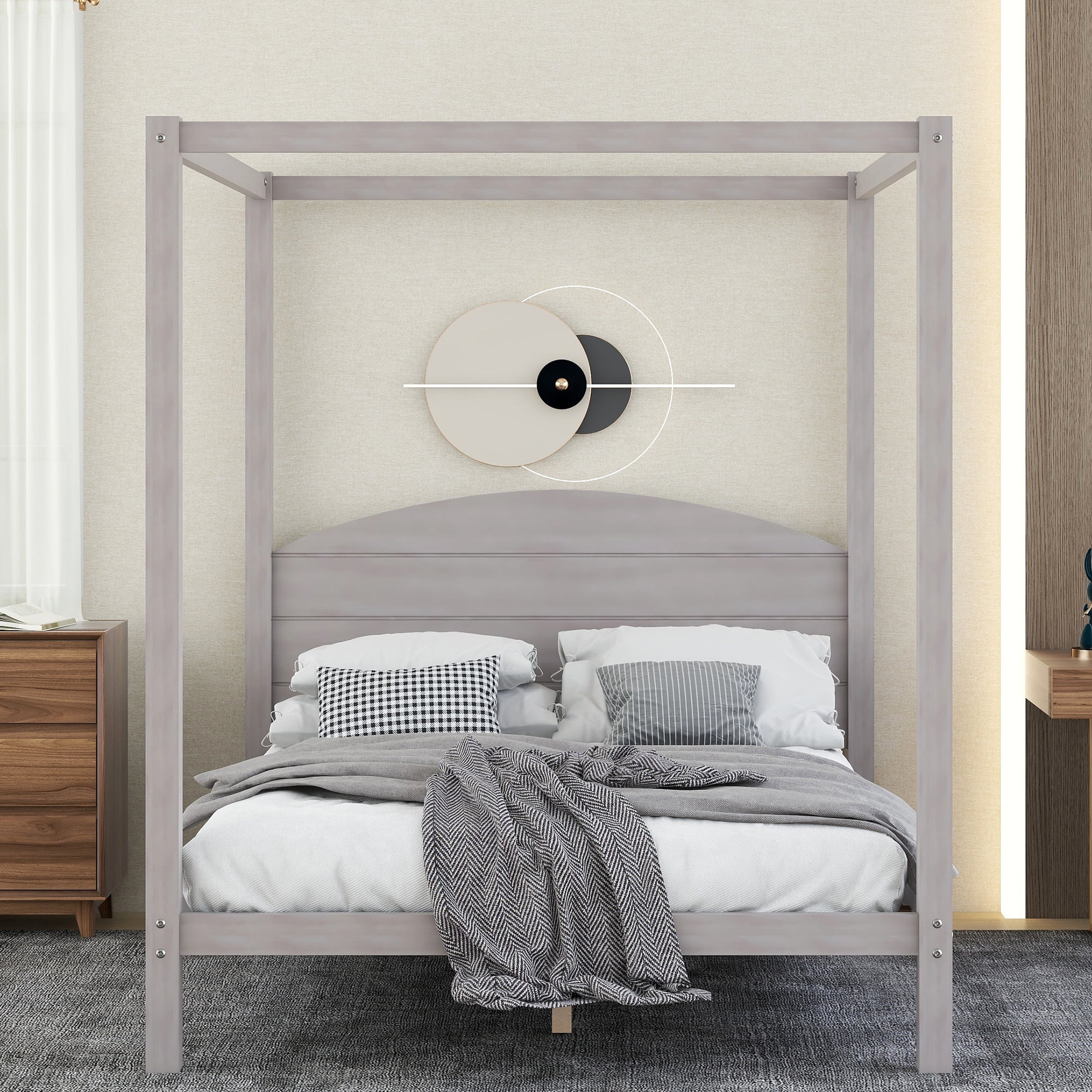 EUROCO Wood Queen Size Canopy Bed, Solid Wood Platform Bed with Headboard for Kids Bedroom, Gray