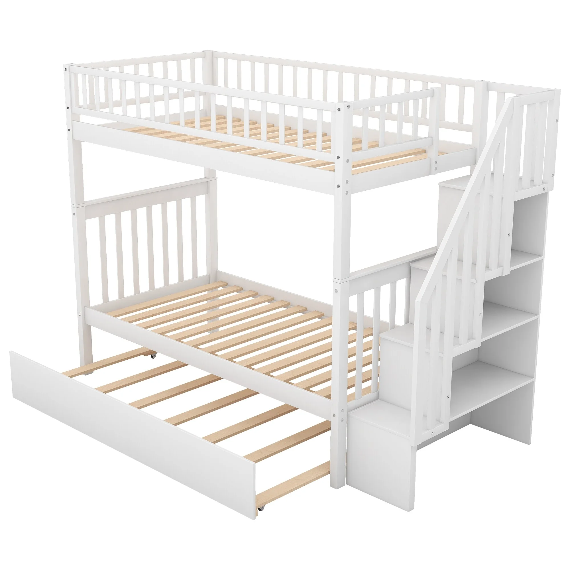 Nestfair Twin Over Twin Bunk Bed with Trundle and Storage White