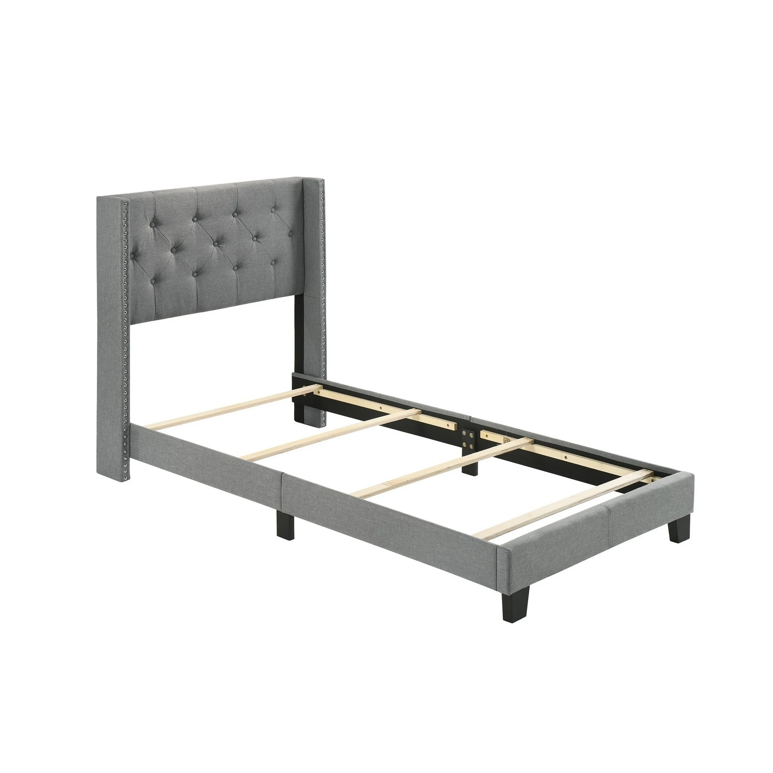 Lih Modern Wingback Twin Bed, Button Tufted Headboard, Nailhead Trim, Gray- Saltoro Sherpi