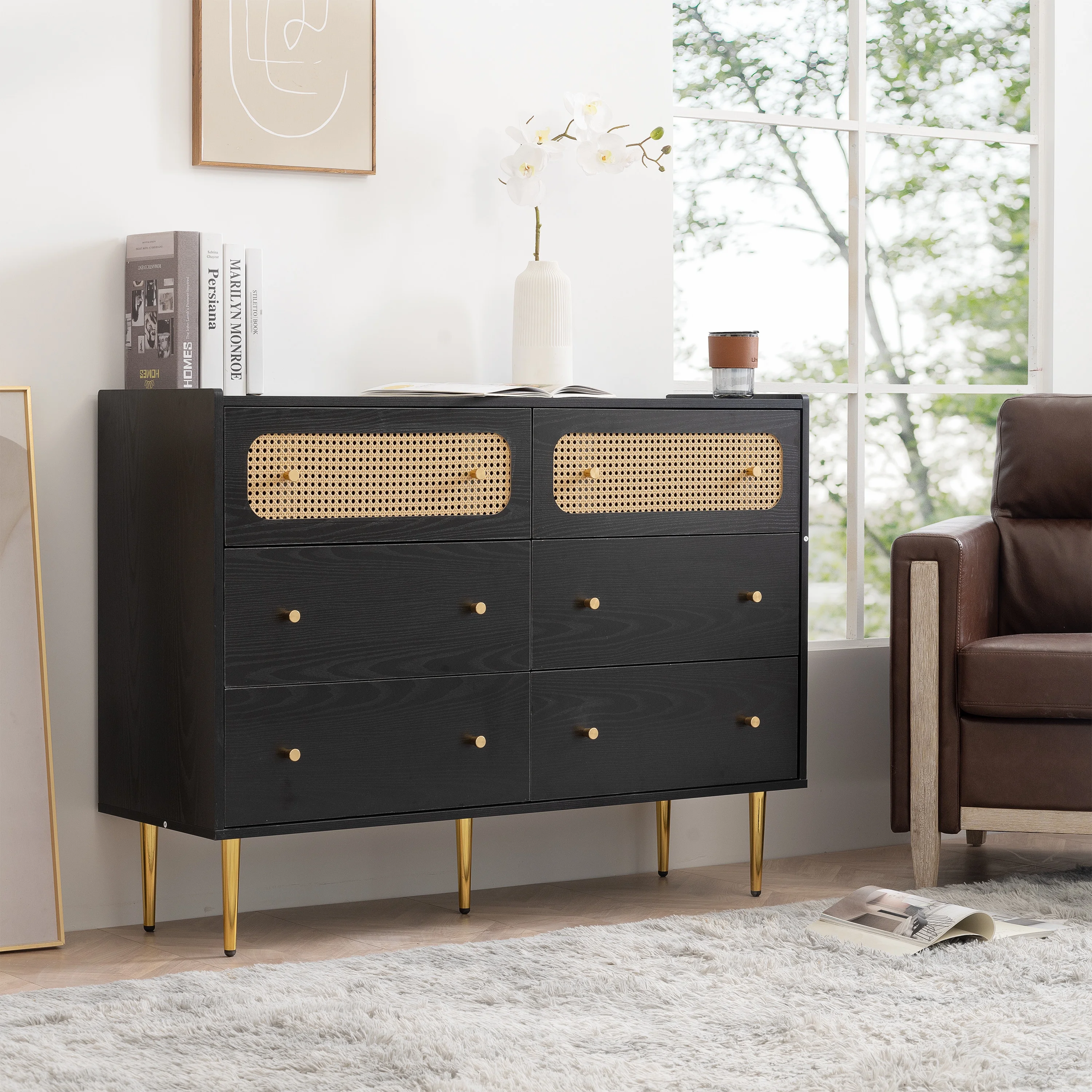 Glavbiku Modern Rattan Dresser for Bedroom,Chest of 6 Drawers,Wood Storage Cabinet,White,Adult