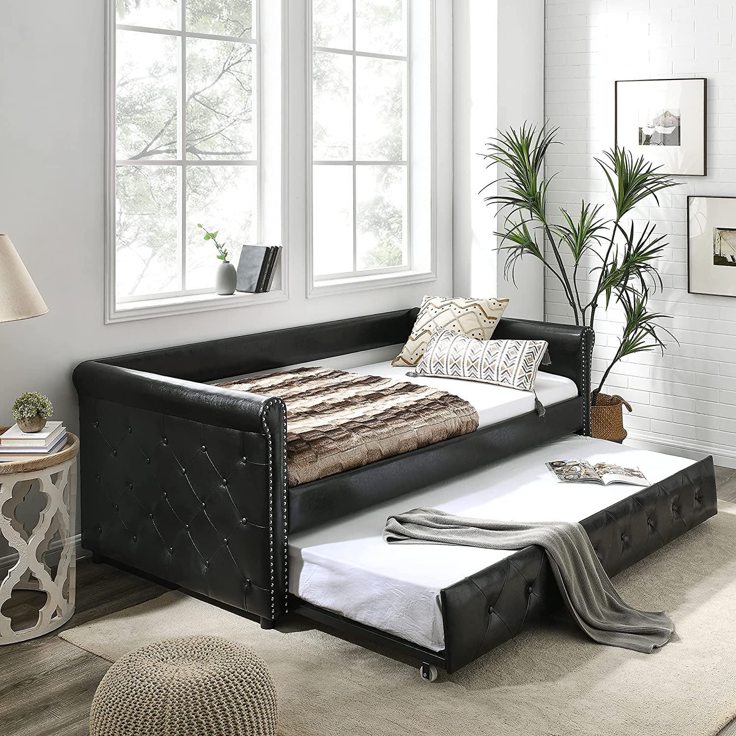 with A Trundle  HABITRIO Solid Wood Structure Gray Fabric Upholstered Full Size Day Bed Frame w/Twin Size Roll-Out Trundle  No Box Spring Needed  Furniture for Bedroom  Living Room  Guest