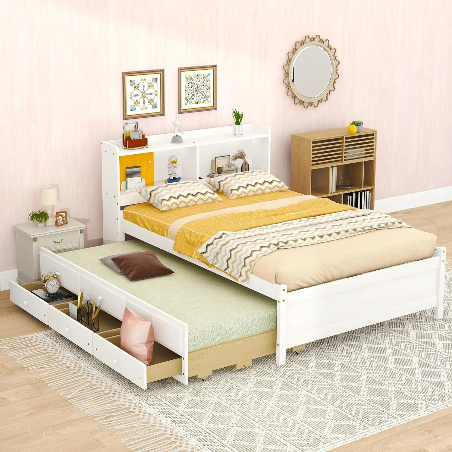 Full Size Bed With Trudle Ad Drawers, Full Stora Bed With Bookcase Headboard, USB,Type-C Ports Ad LED Light, Wood Full Bed Frames For Kids Tees Adults - White