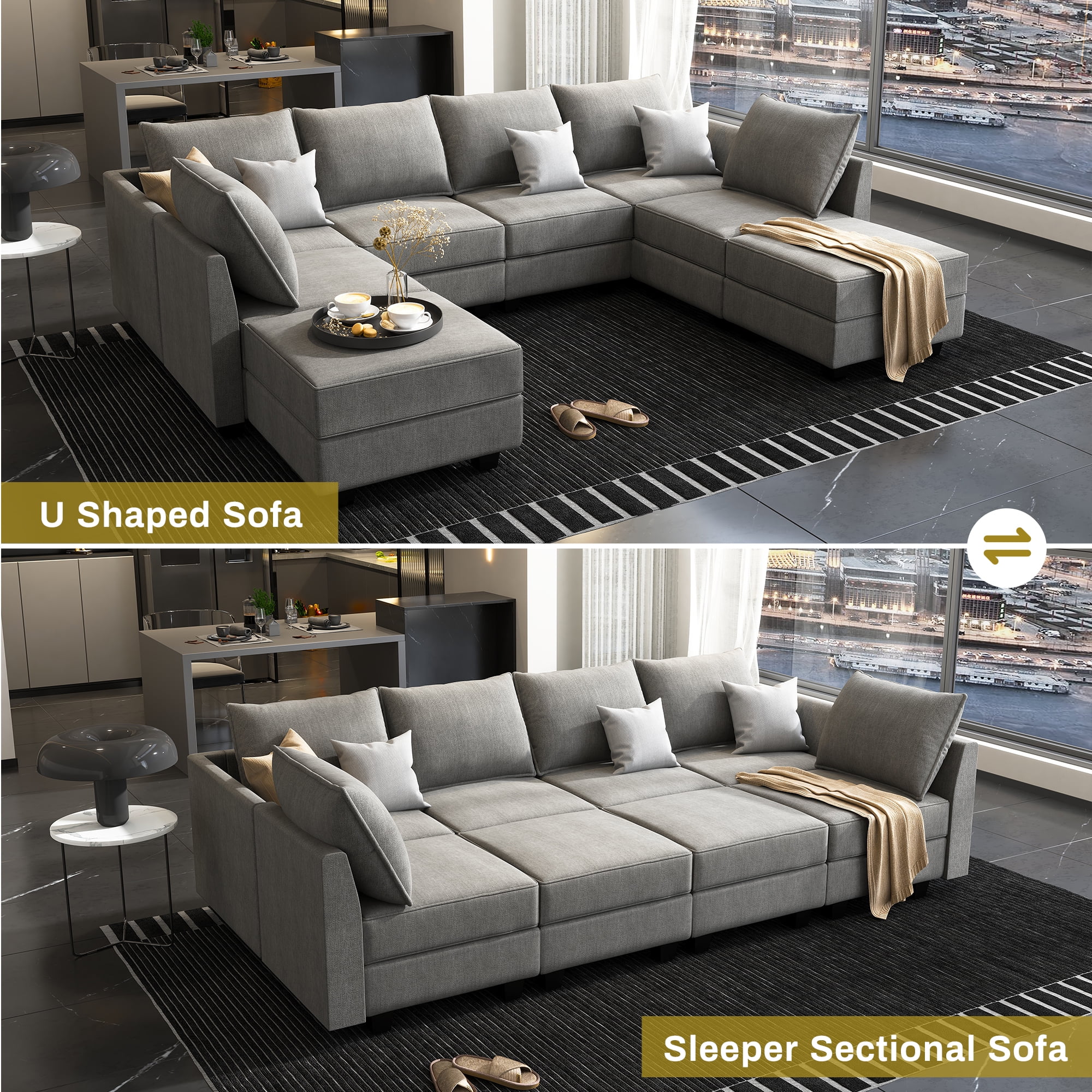 HONBAY Modern Large Convertible Sleeper Sofa Couch Sofa Bed with Storage Ottomans for Living Room, Grey