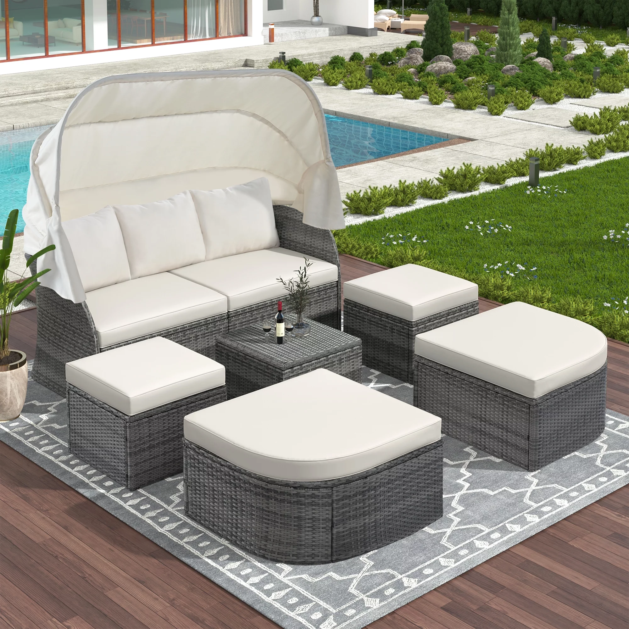 Glavbiku 6Pcs Outdoor Patio Sofa Set,Daybed Sunbed with Retractable Canopy,Wicker Furniture,Beige