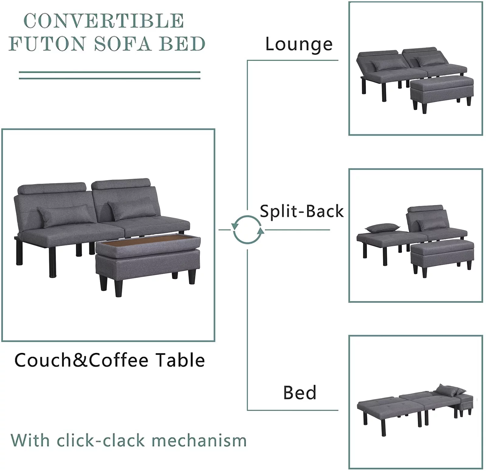 IPKIG Linen Fabric Convertible Sleeper Sofa Bed Futon Sofa Couch with Folding Recliner and Ottoman(Gray)