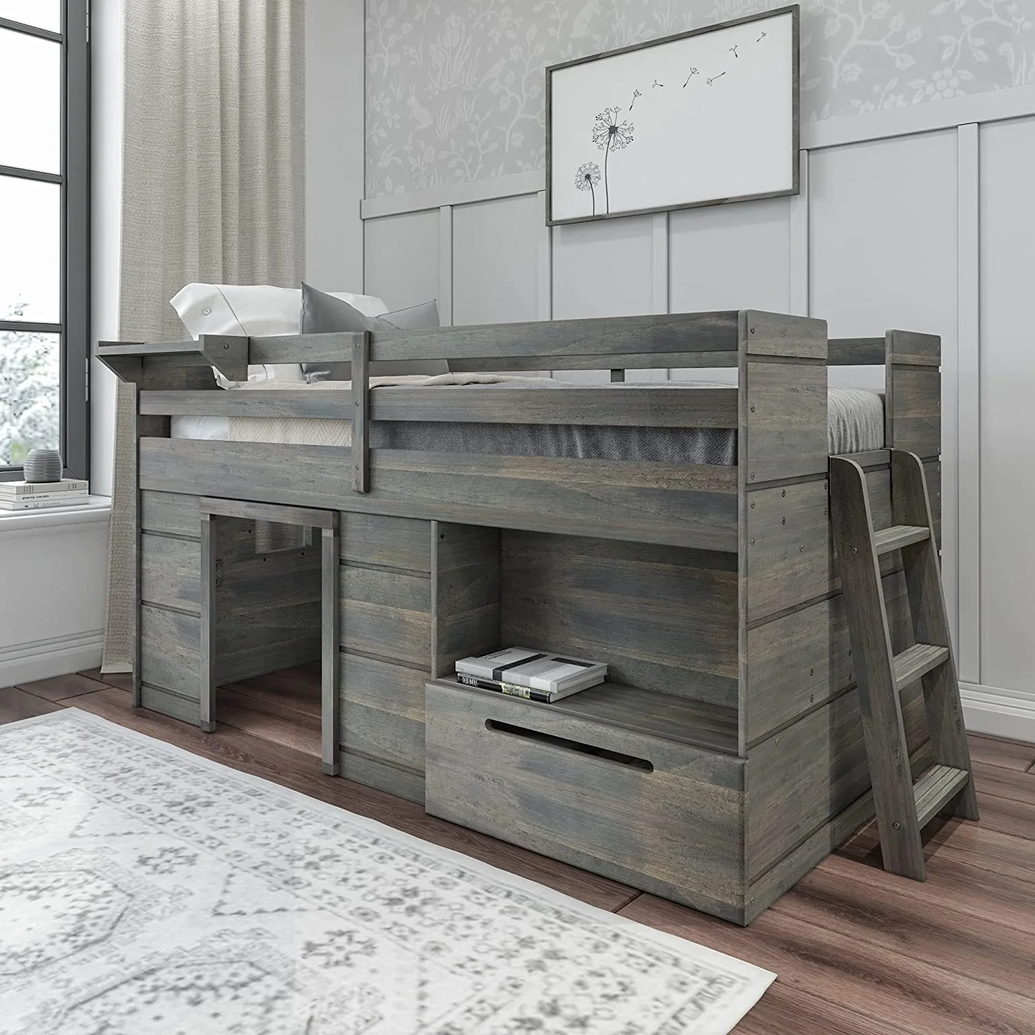 & Lily Modern Farmhouse Low Loft Bed  Twin Bed Frame For Kids With 1 Drawer  White Wash
