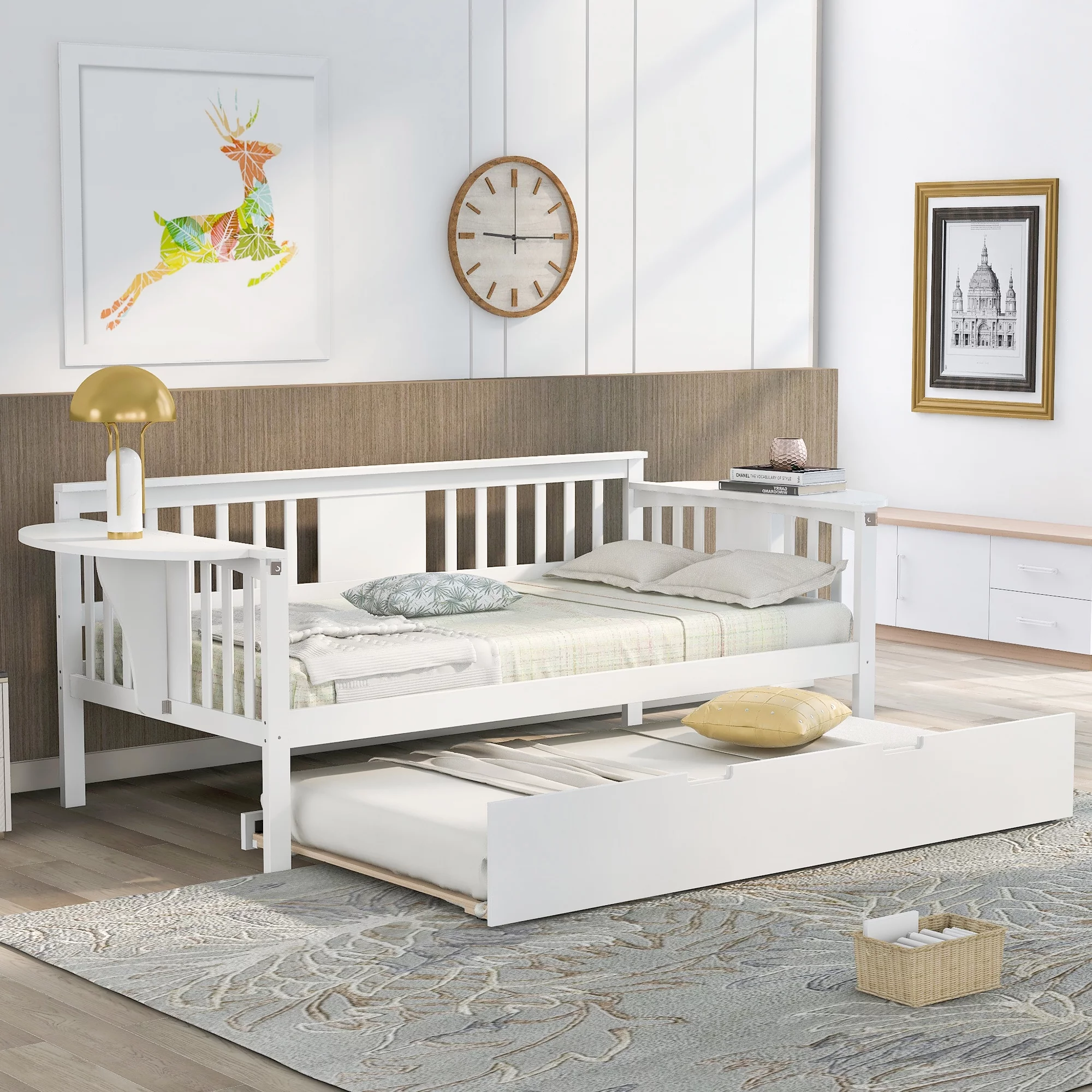 Twin Wooden Daybed with Trundle, Sofa Bed for Bedroom Living Room, Wood Daybed with a Trundle, Trundle Daybed Twin Size, Standard Twin Bed Frame