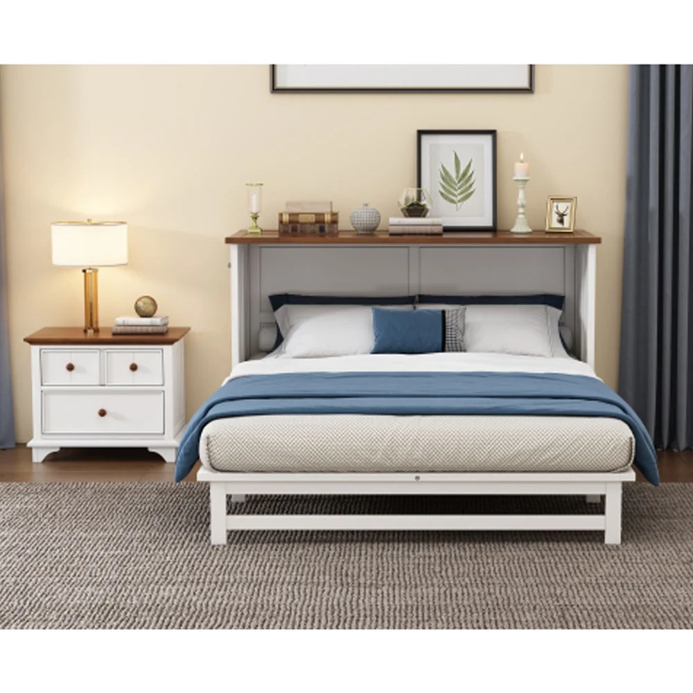2 Pieces Wooden Bedroom Set Full Murphy Bed and Nightstand, White+Walnut