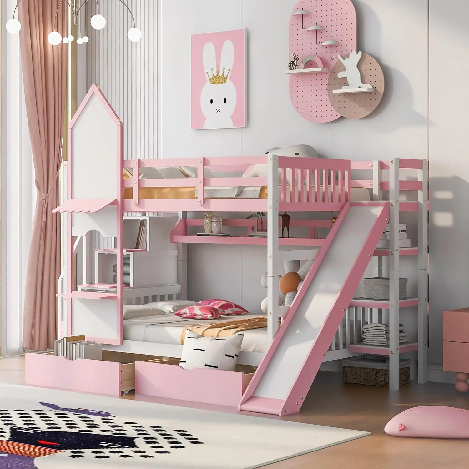 Kids Low Bunk Bed With Slide, Full-Over-Full Wooden Castle Shape Bunk Bed With Storage Drawers And Shelves, Full Floor Bunk Bed For Boys Girls Bedroom Dorm()
