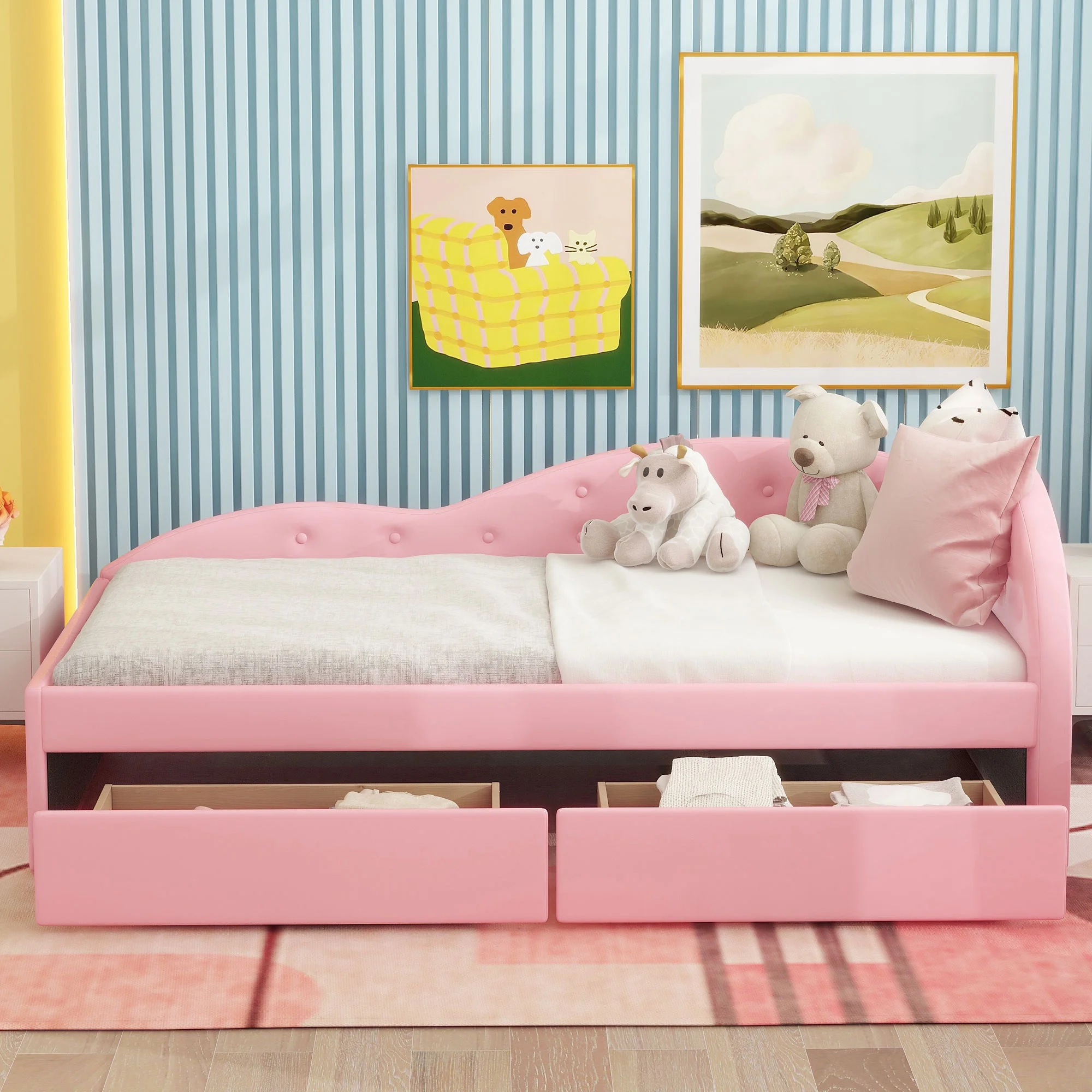 Euroco Twin Size PU Upholstery Daybed, Tufted Sofa Bed with 2 Drawers for Kids Room, Pink