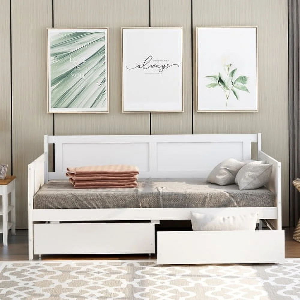 Hcore Daybed with Two Drawers, Twin Size Sofa Bed, Two Storage Drawers for Bedroom,Living Room,White