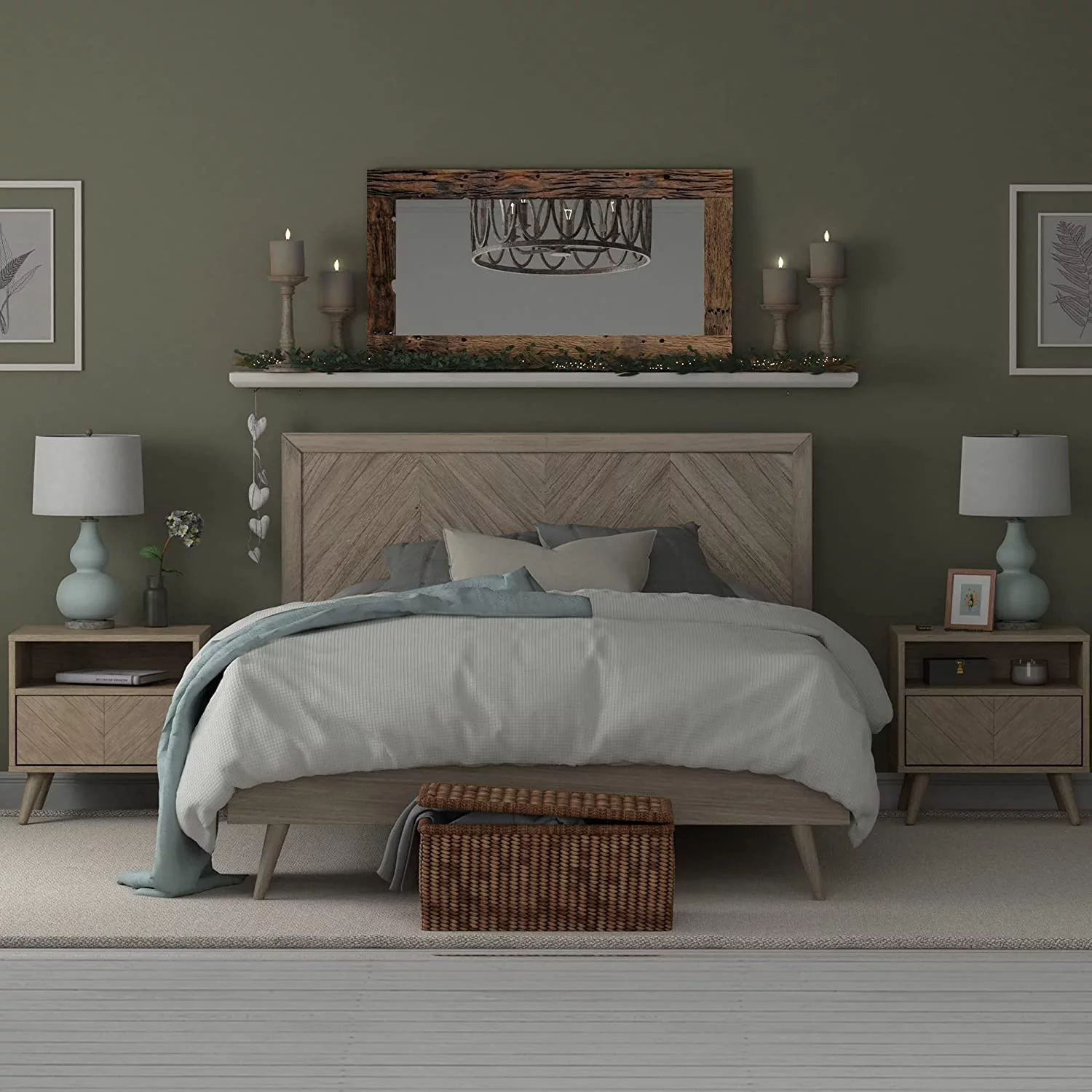 Chevron Wood Bed Frame with Adjustable Headboard | Solid Mahogany Wood | Queen Grey | No Box Spring Needed | Easy Assembly