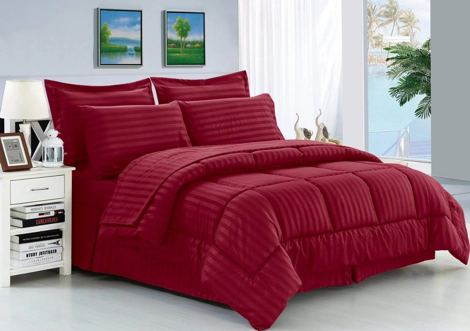 8-Piece Bed-In-A-Bag Comforter - Silky Soft Stripe Design Comforter ,Bed Sheet Set ,With Double Sided Storage Pockets, King/Cal King, Burgundy