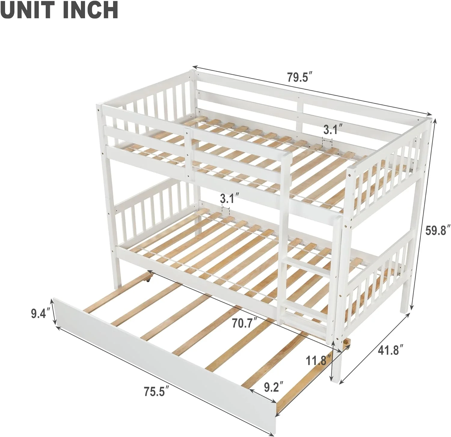 Over Bunk Bed With Trundle, Convertible Into 2 Beds,The Bunk Bed With Ladder And Safety Rails, Grey