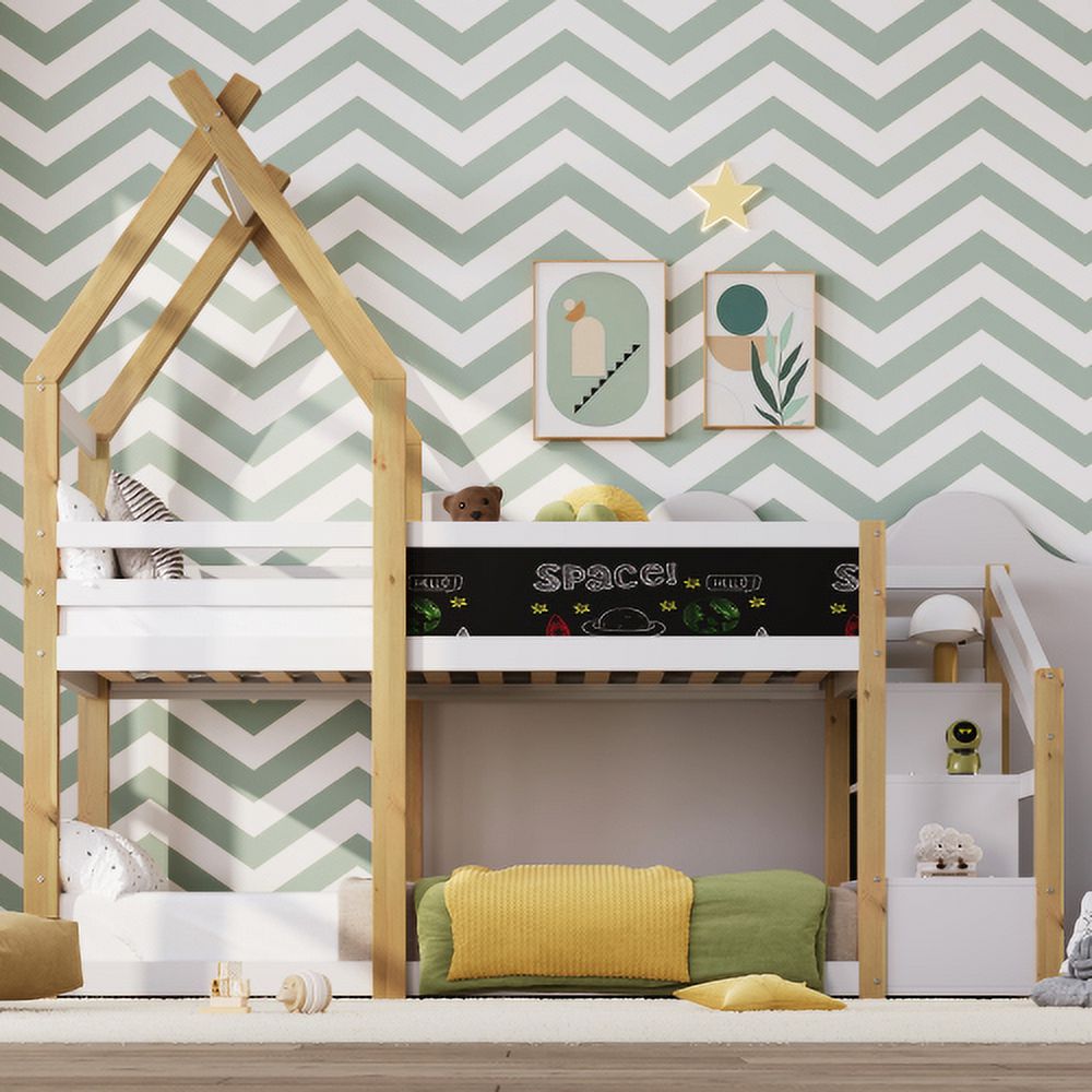 Twin Over Twin House Bunk Bed With White Storage Staircase And Blackboard, White And Natural