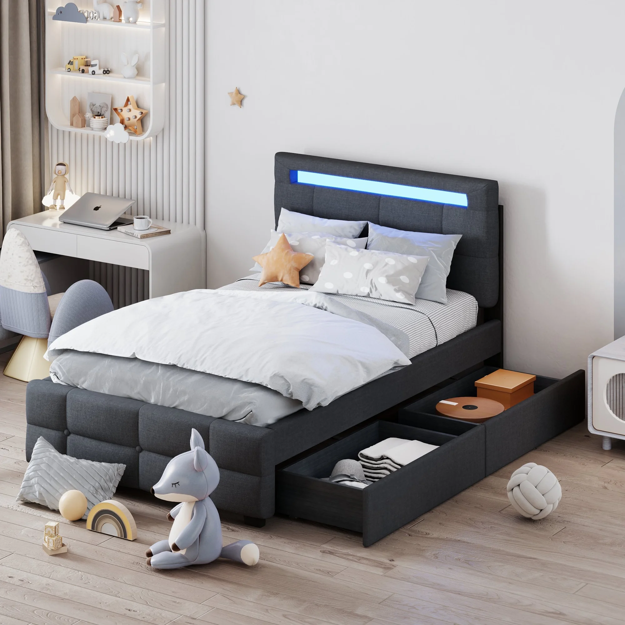 CoSoTower Twin Size Upholstered Platform Bed with LED Frame and 2 Drawers, Linen Fabric, Gray