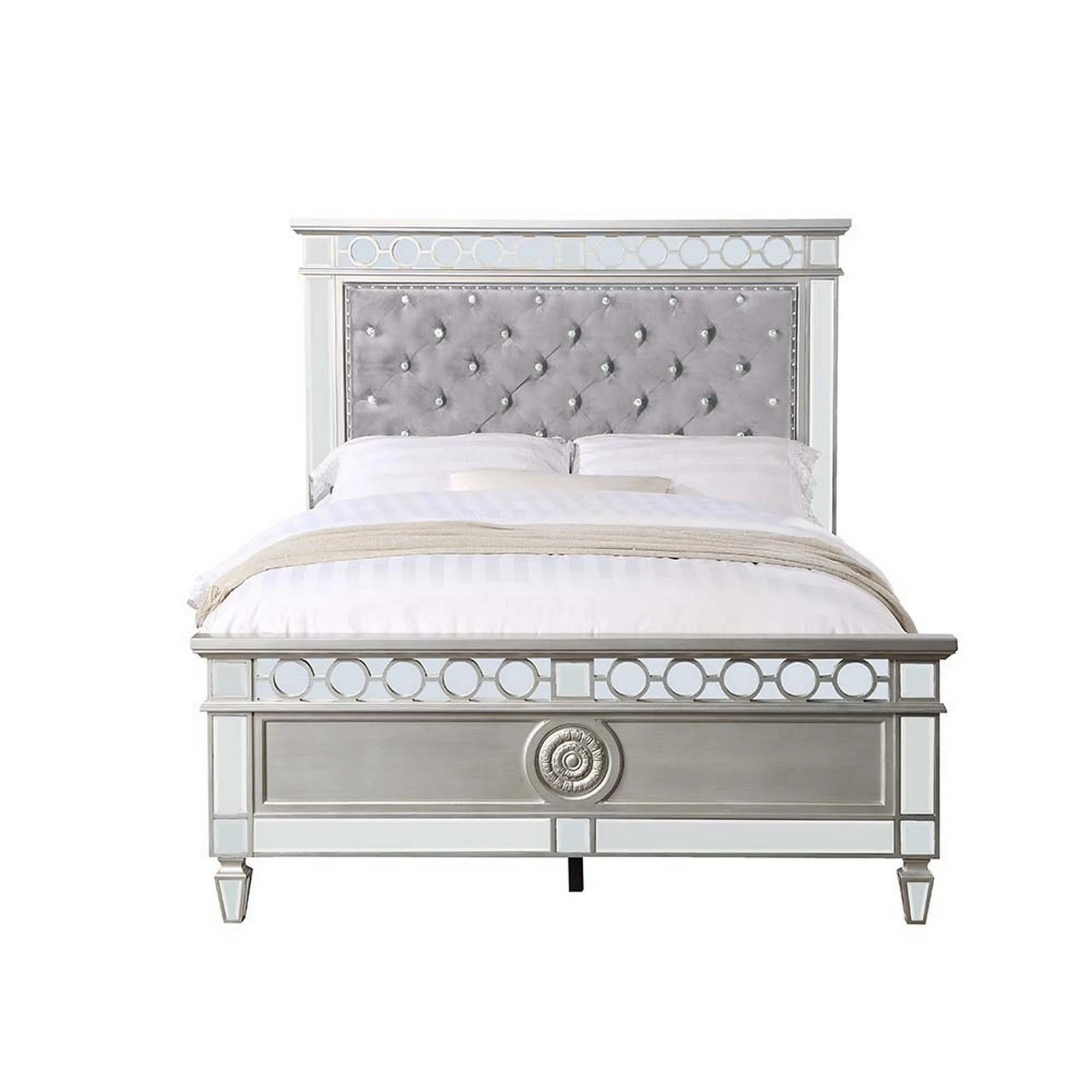 Eira Tufted Twin Size Bed Smooth Gray Velvet Upholstery Glam Mirror Inlay- Saltoro Sherpi