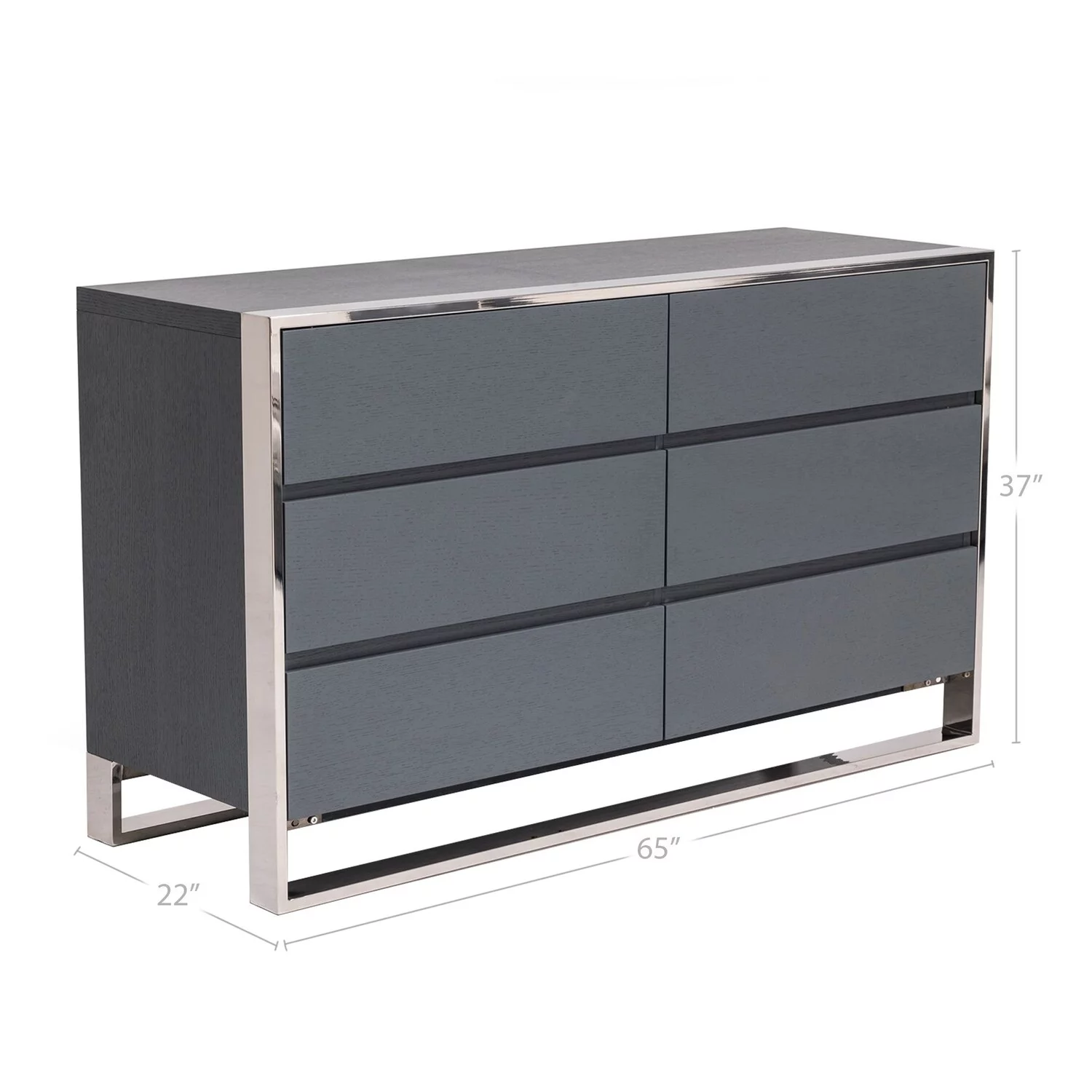 Benjara Cid Lue 65 Inch Dresser Chest, Gray Elm Veneer, 6 Drawers, Stainless Steel