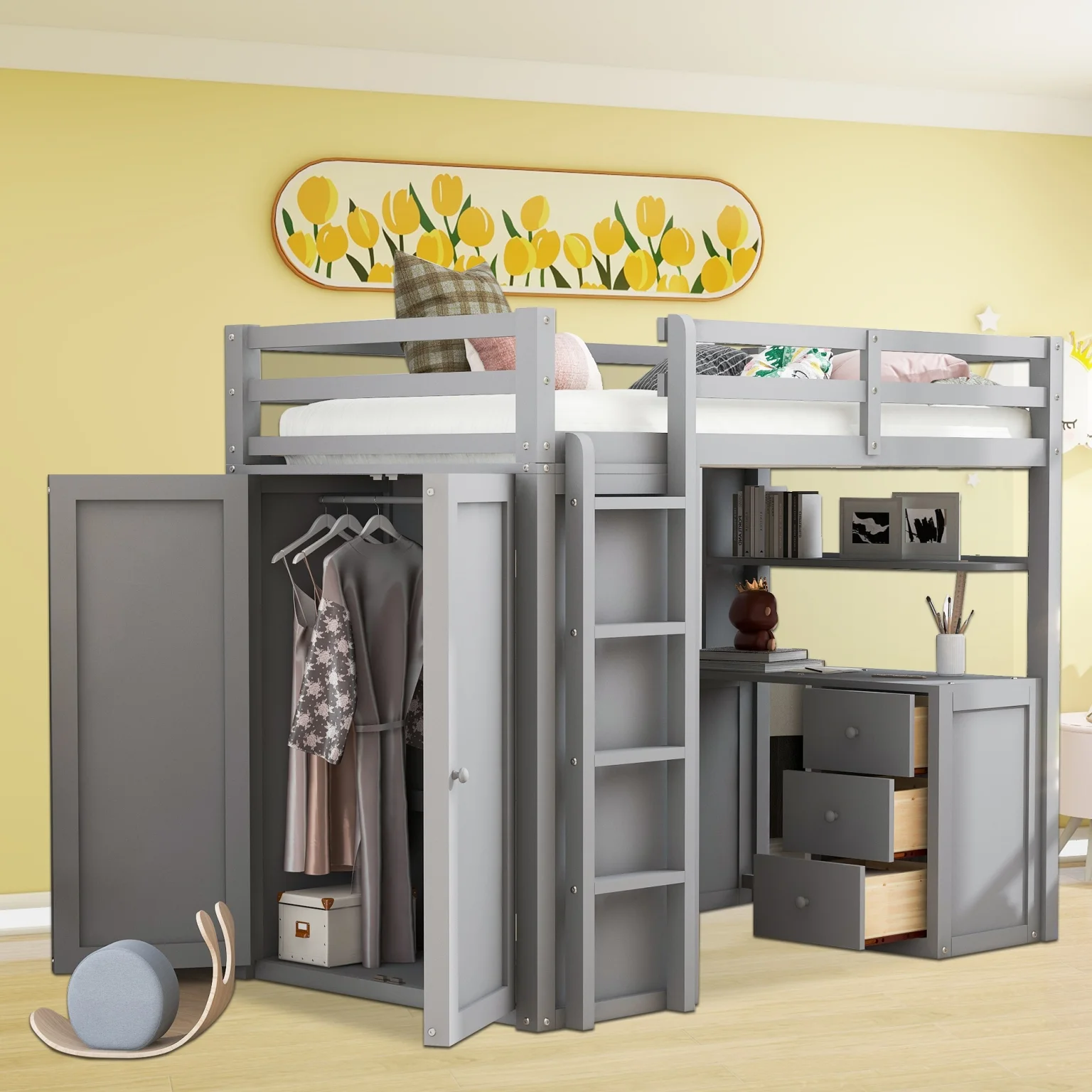 Twin Size Loft Bed with Drawers, Desk and Wardrobe-Gray, Wood Bed, No Box Spring Needed, Easy Assembly