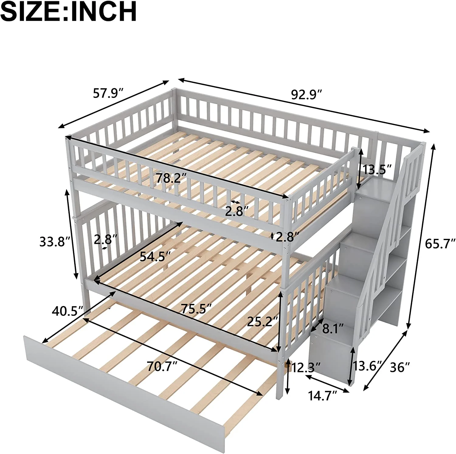 Bunk Bed With Trundle And Staircase, Solid Wood Full Over Full Bunk Beds Frame With Storage Shelf, Safety Rail For Kids Teens, Can Be Separated Into 2 Beds (Full Over Full, Grey)