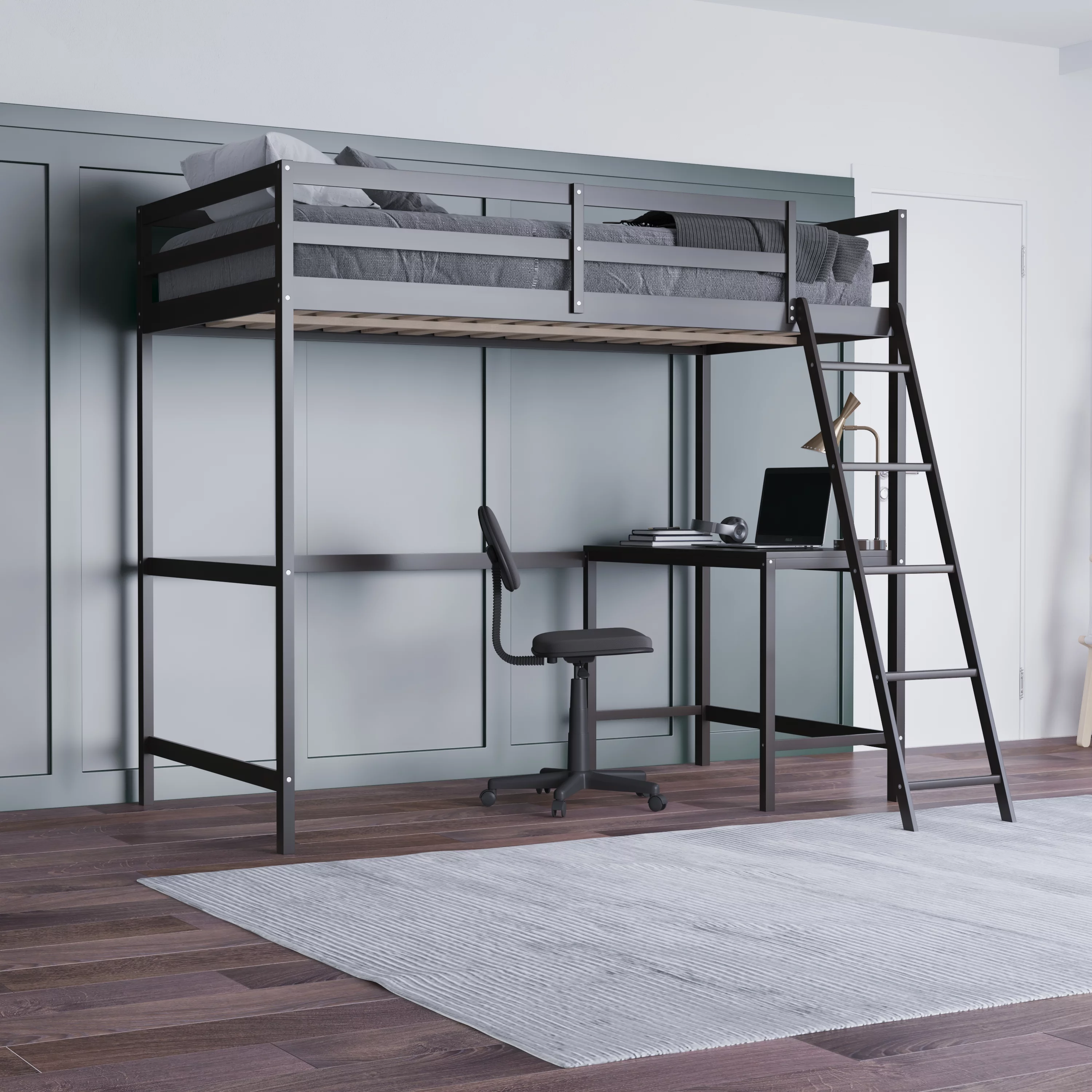 Emma + Oliver Twin Wood Loft Bed Frame with Protective Guardrails and Integrated Desk and Ladder in Espresso for Use with Any 6-8