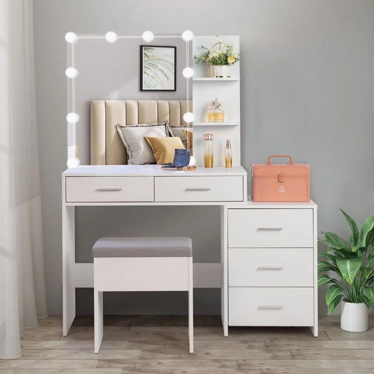 Sythers White Dressers for Bedroom, FCH Particleboard Triamine Veneer 5 Pumps 2 Shelves Mirror Cabinet Three Dimming Light Bulb Dressing Table Set