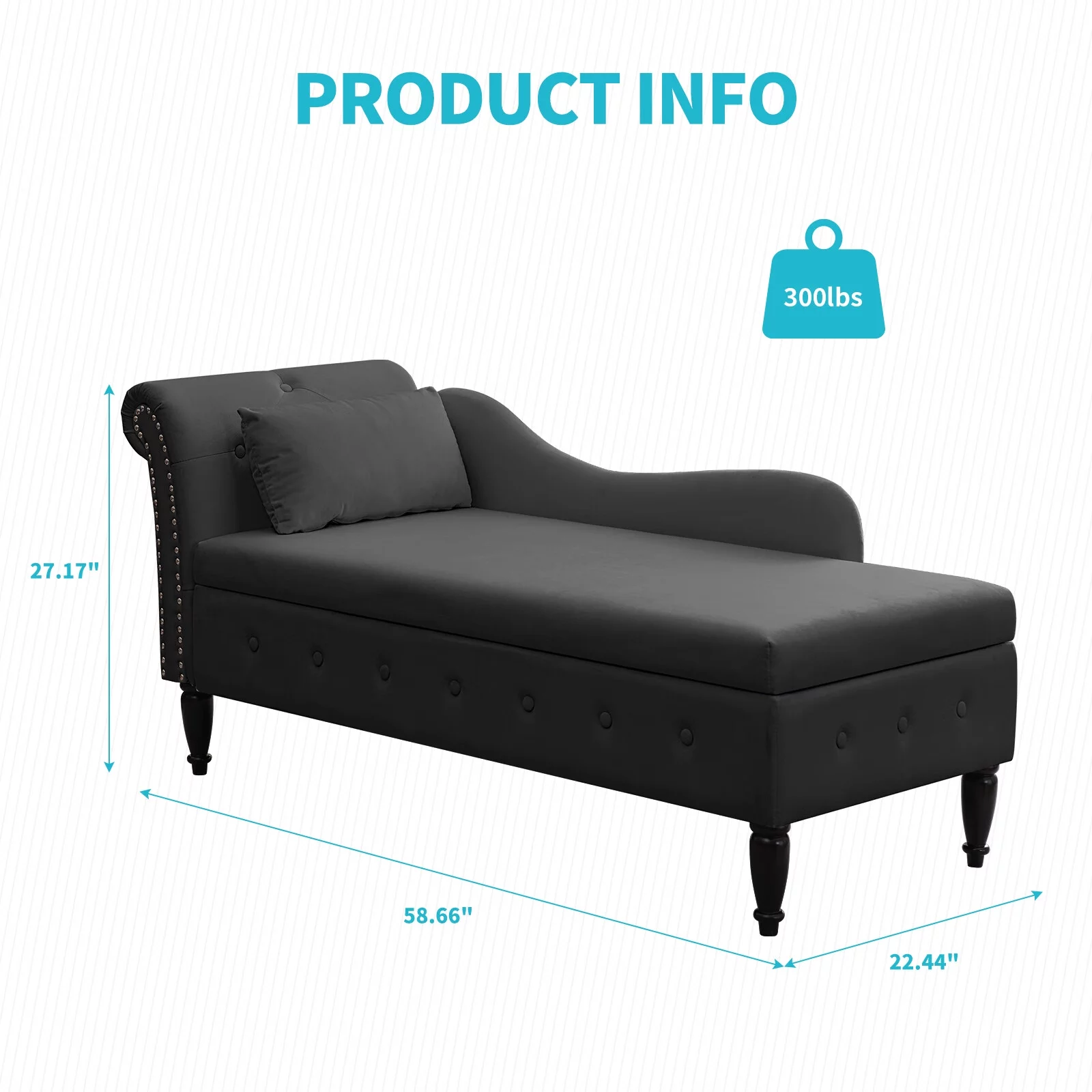 CECER Chaise Lounge Chair Indoor, Velvet Upholstered Daybed with Storage, Recliner Chair with Nailhead Trim & Armrest for Living Room, Bedroom - Dark Grey