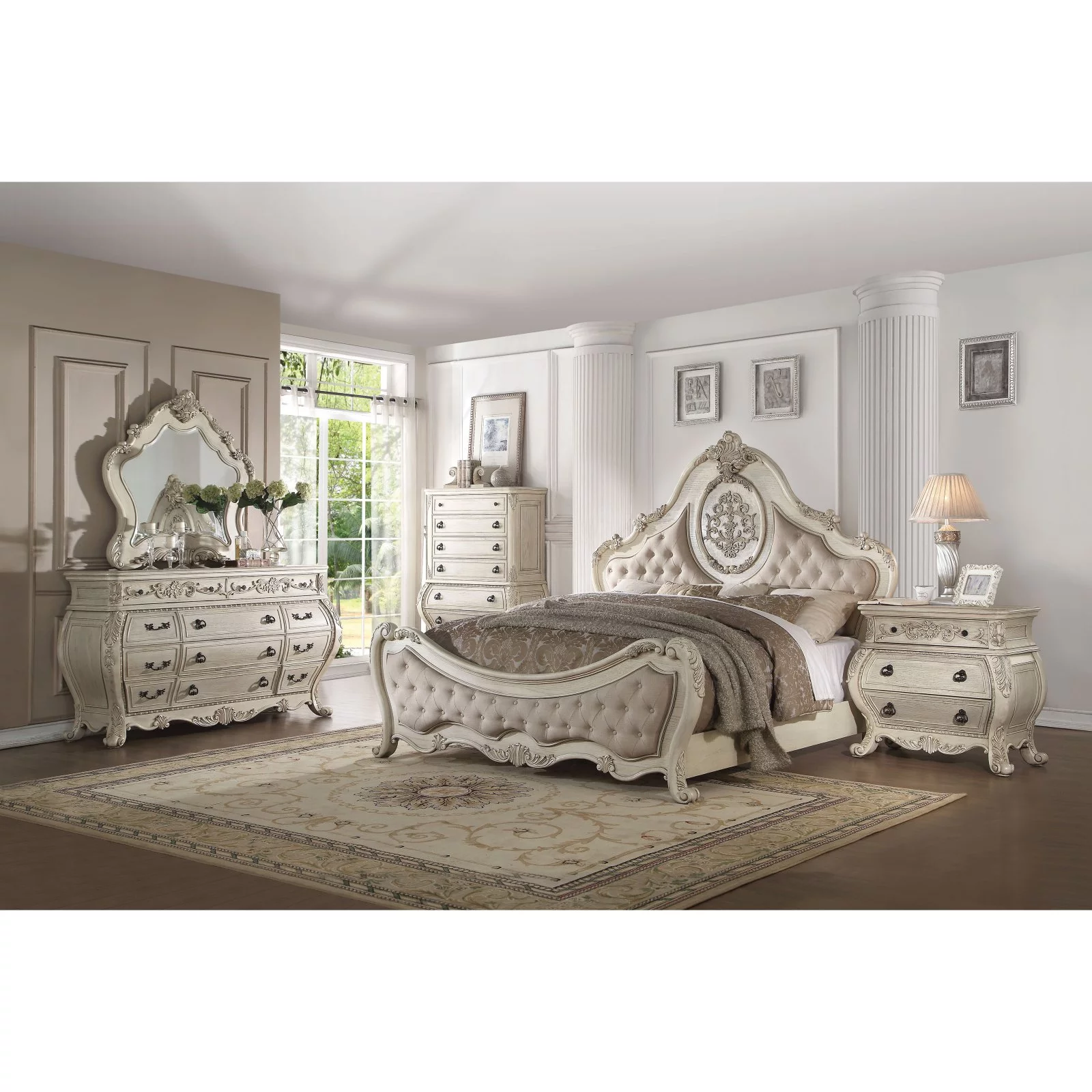 Bed, Queen, Beige Linen & Antique White