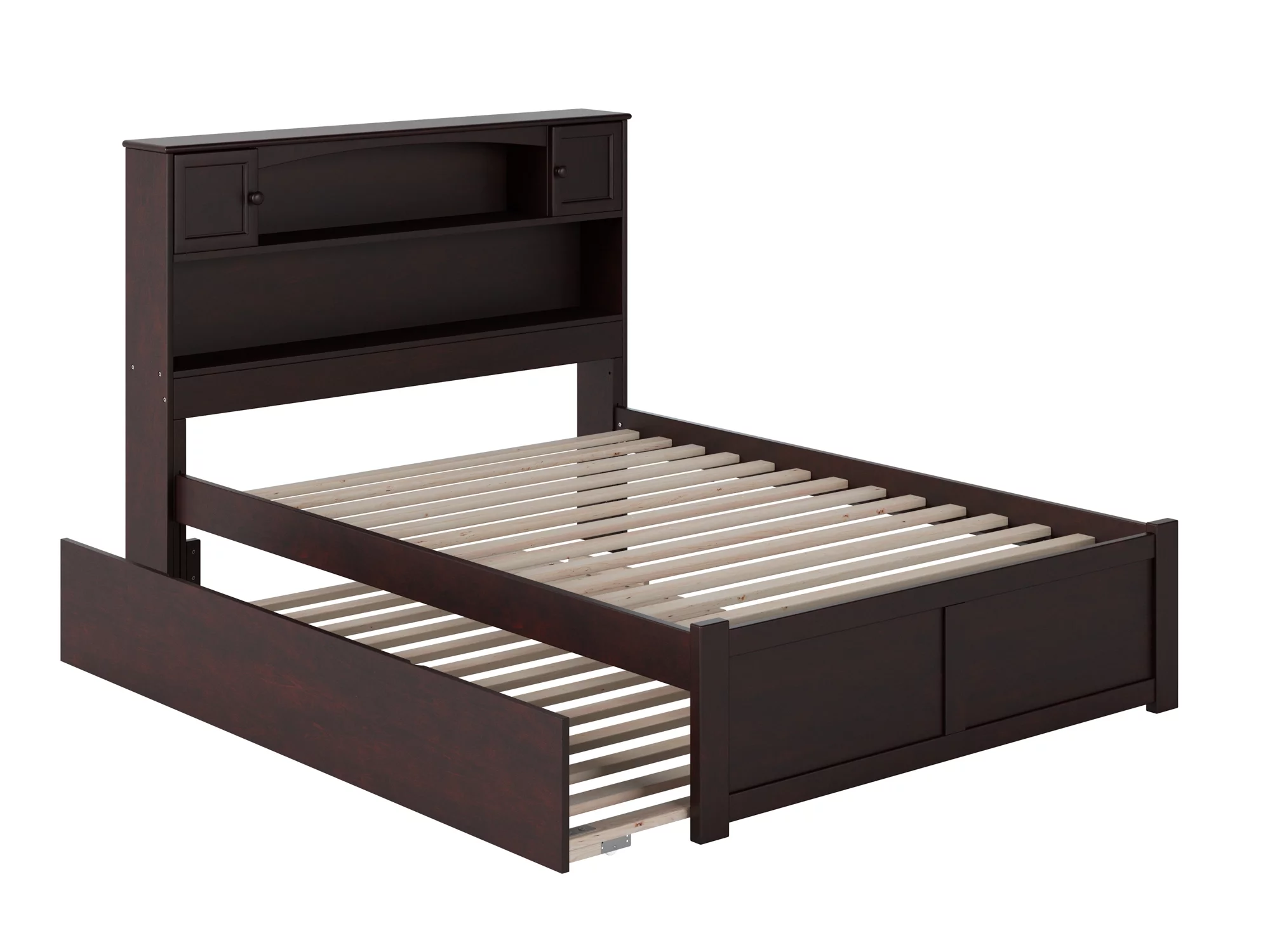 Newport Full Platform Bed with Flat Panel Foot Board and Full Size Urban Trundle Bed in Espresso