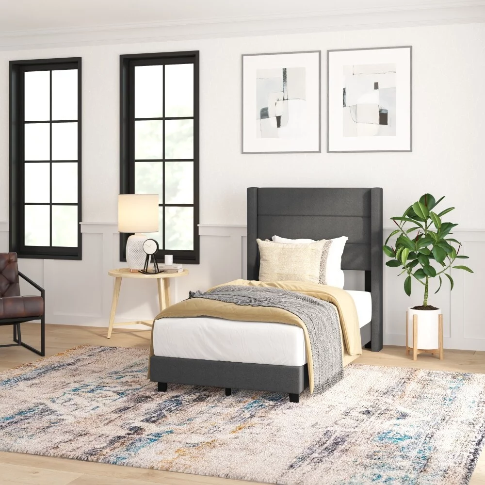 Taylor & Logan Upholstered Platform Bed with Wingback Headboard Gray - Twin