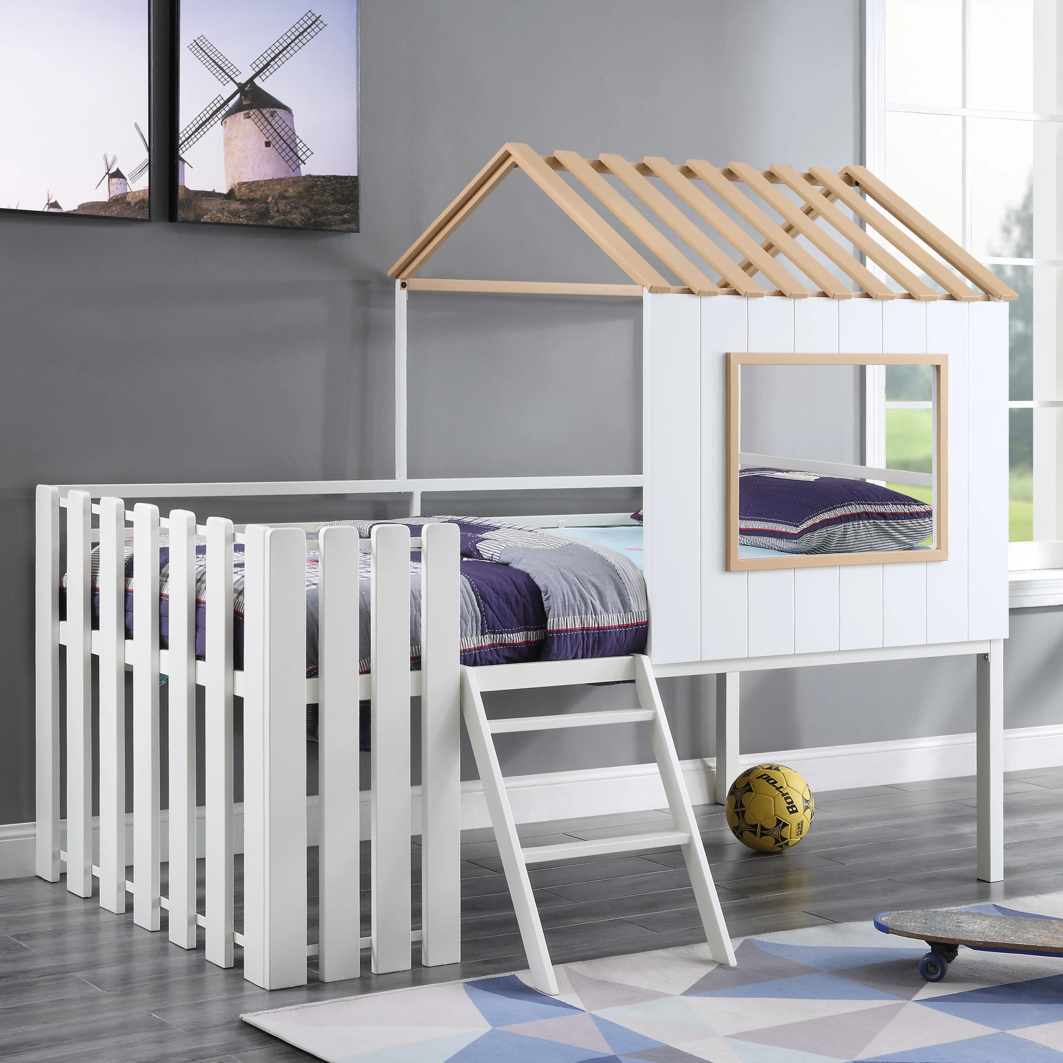 Furniture of America Playhouse Metal Loft Bed, Twin, White and Light Orange