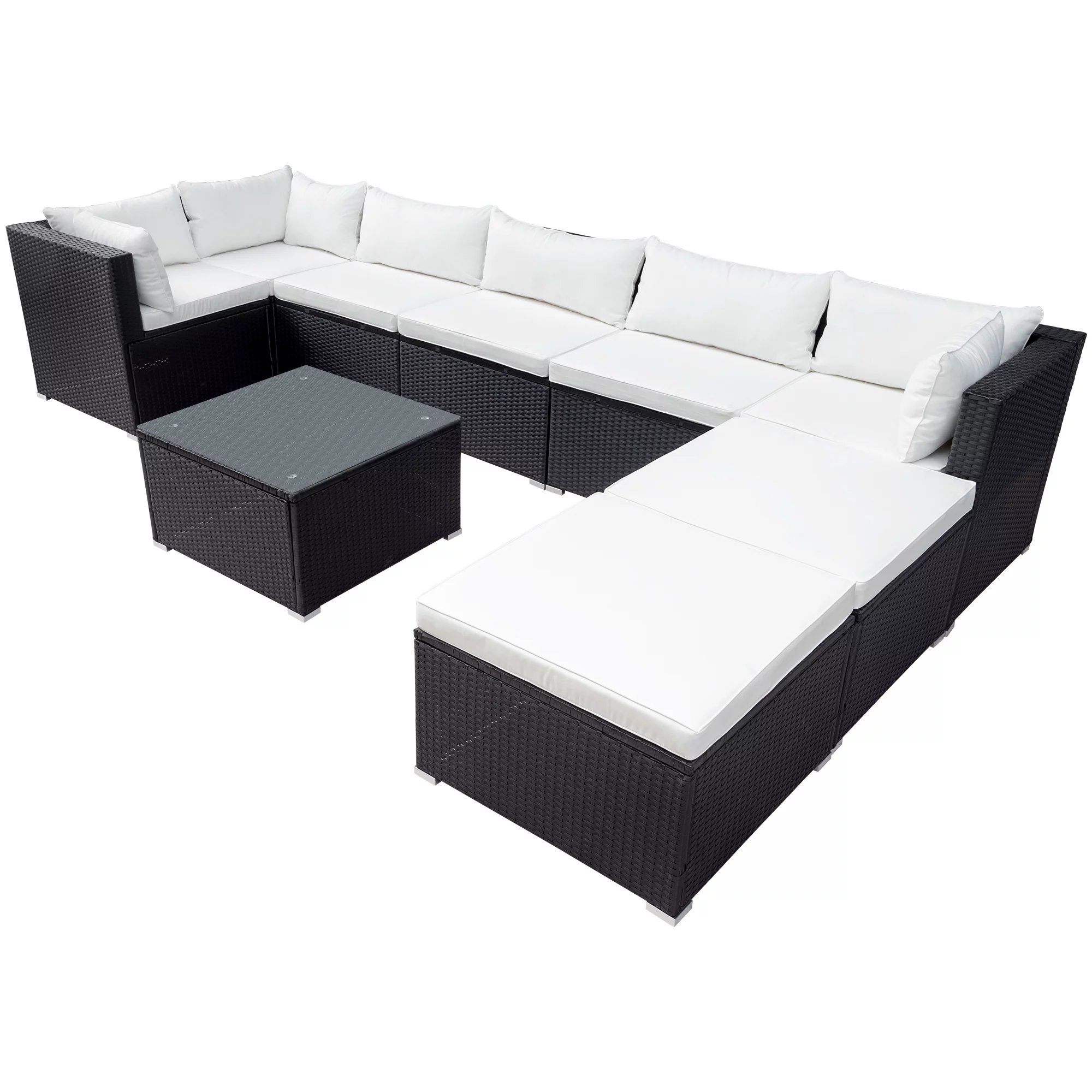 WANDOBAO 9 Pieces Patio Outdoor Furniture Set All-Weather Patio Conversation Wicker Outdoor Sectional Sofa with Furniture Cover (Black Wicker, Beige Cushion)