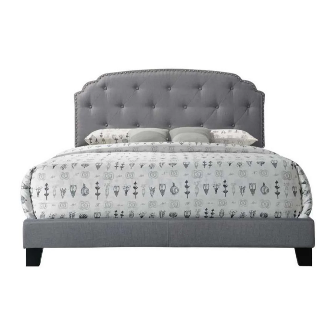 ACME Tradilla Upholstered Nail Head Queen Panel Bed, Gray Fabric