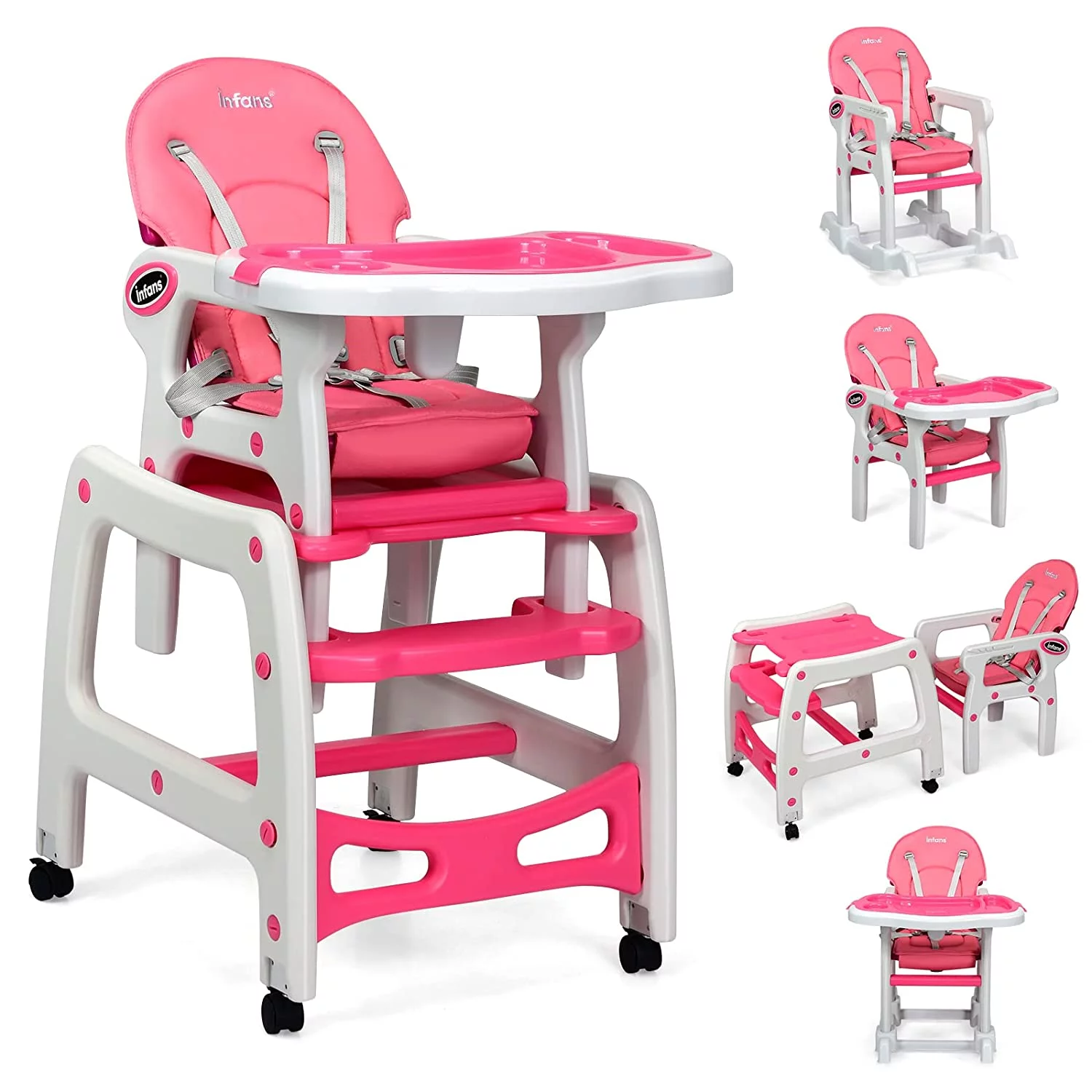INFANS 5 in 1 Baby High Chair, Convertible Toddler Table with Rocking Chair, Adjustable Back, Removable Tray, Sponge