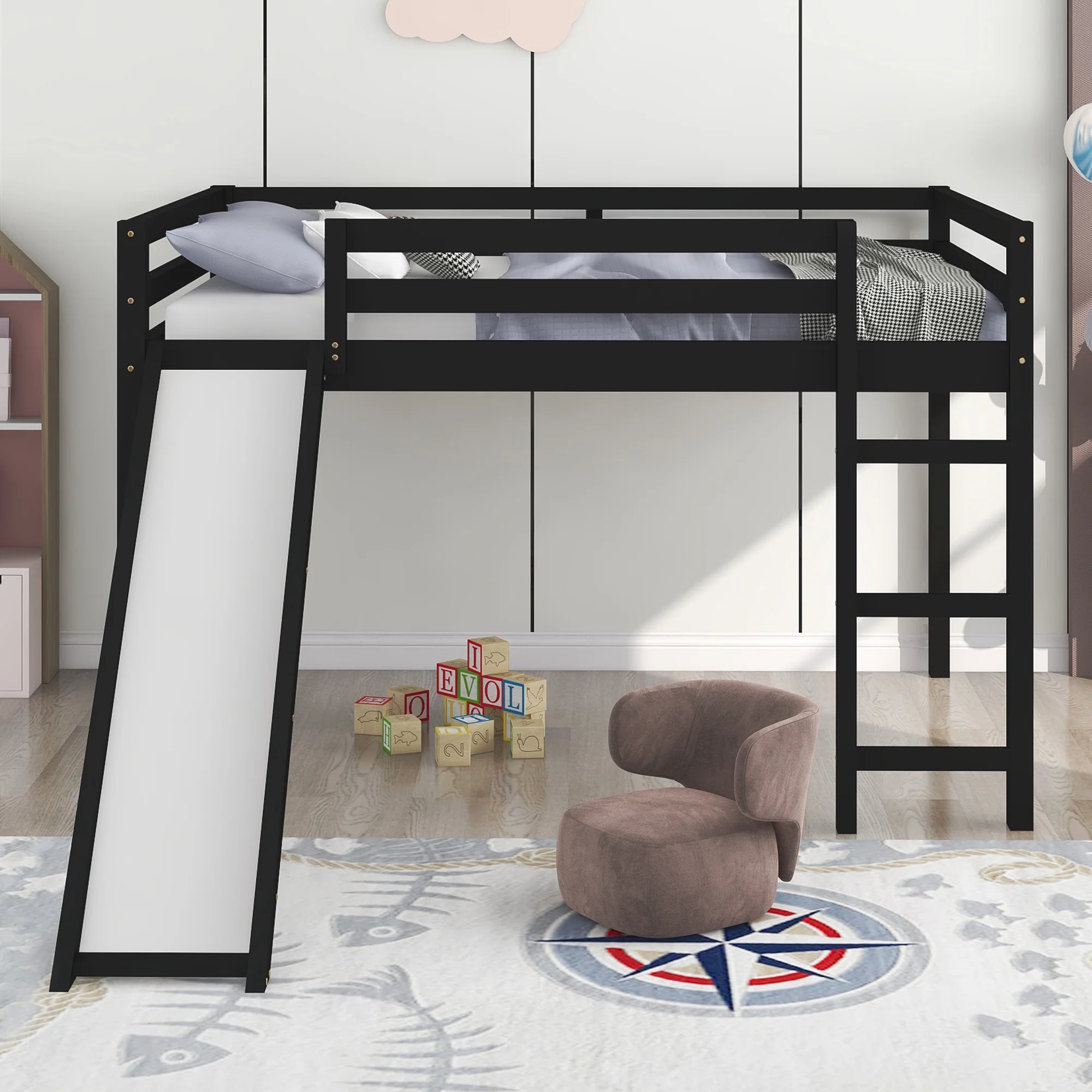 Nestfair Espresso Full Size Loft Bed with Slide and Ladder