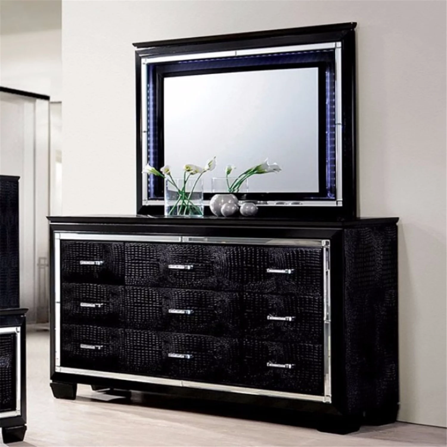 Benzara Crocodile Textured Spacious Wooden Dresser, Black