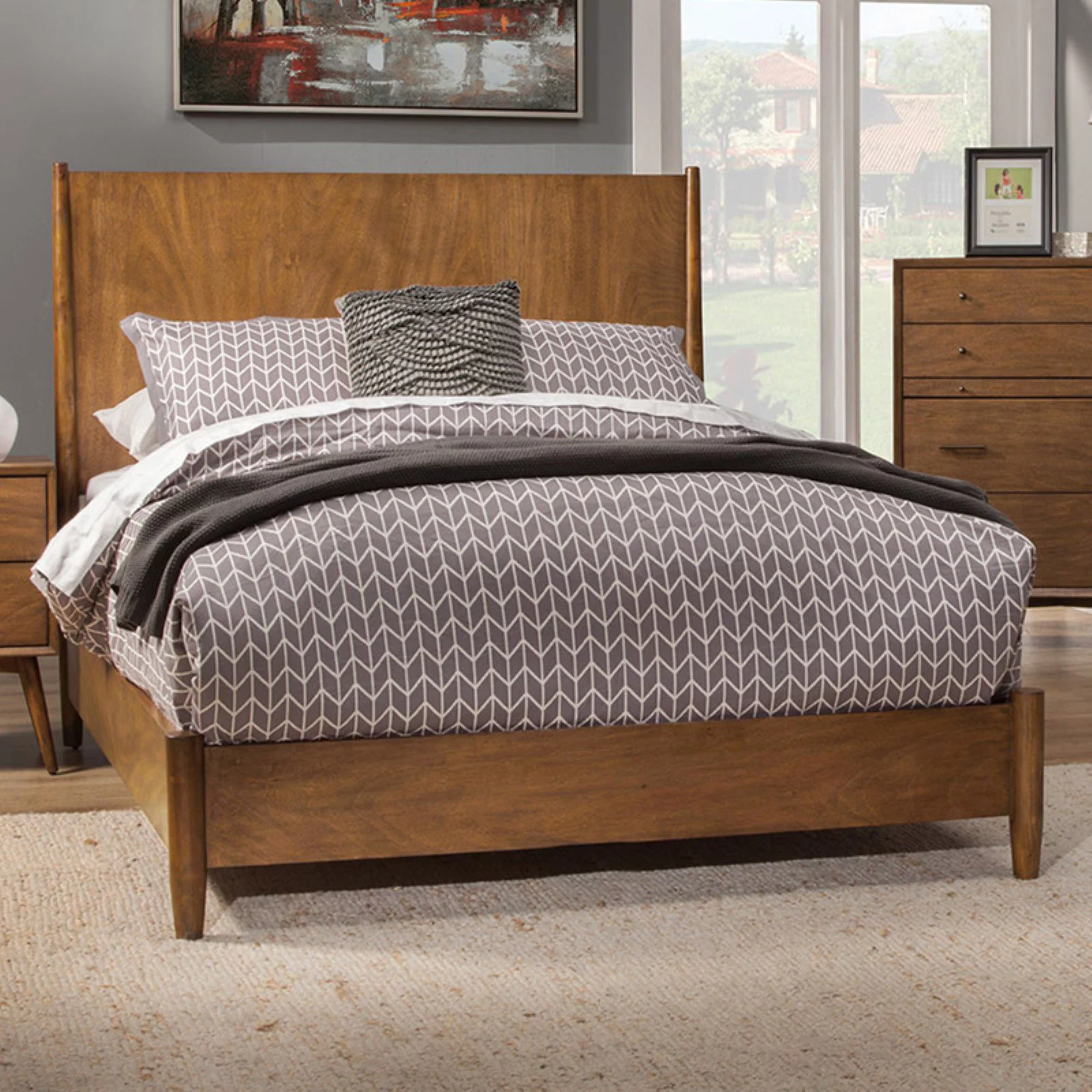 Alpine Furniture Flynn Mid Century Standard King Wood Panel Bed in Acorn (Brown)