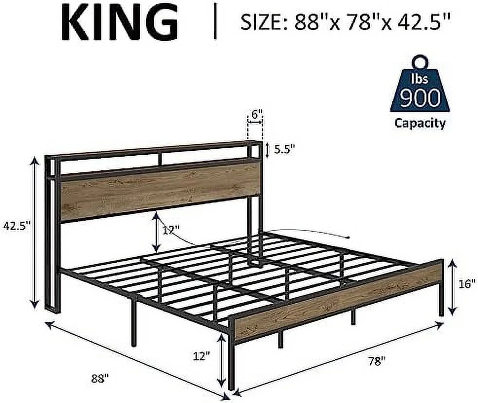 YZboomLife Queen Size Bed Frame Industrial Platform Bed with Charging Station 2-Tier Headboard/No Box Spring Needed/Noise-Free/Dark Brown