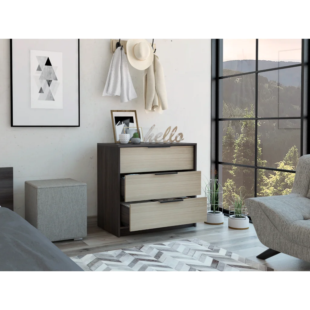 CoSoTower 3 Drawers Dresser Maryland, Superior Top, Black Wengue / Pine Finish