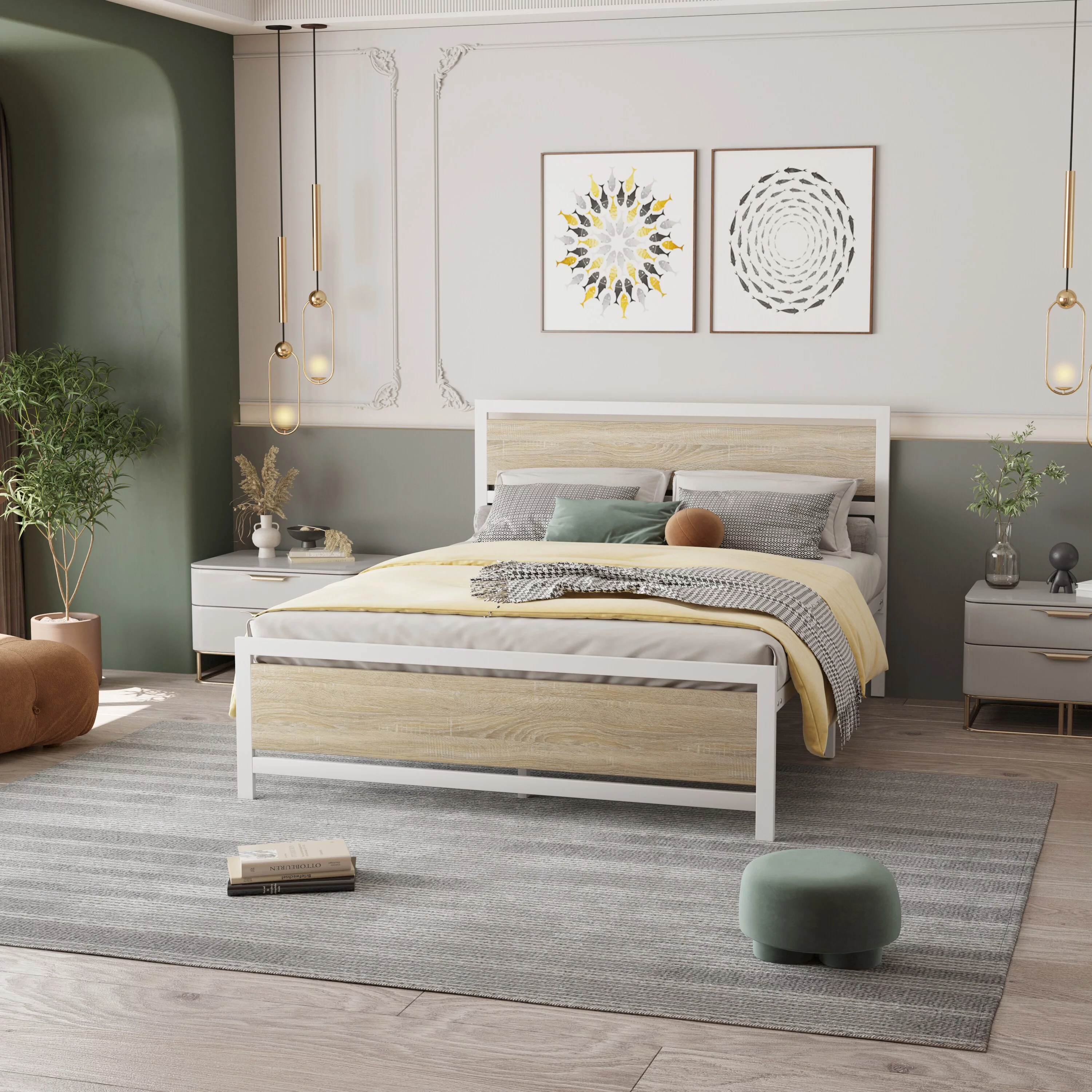 Metal and Wood Bed Frame with Headboard and Footboard ,Queen Size Platform Bed Black