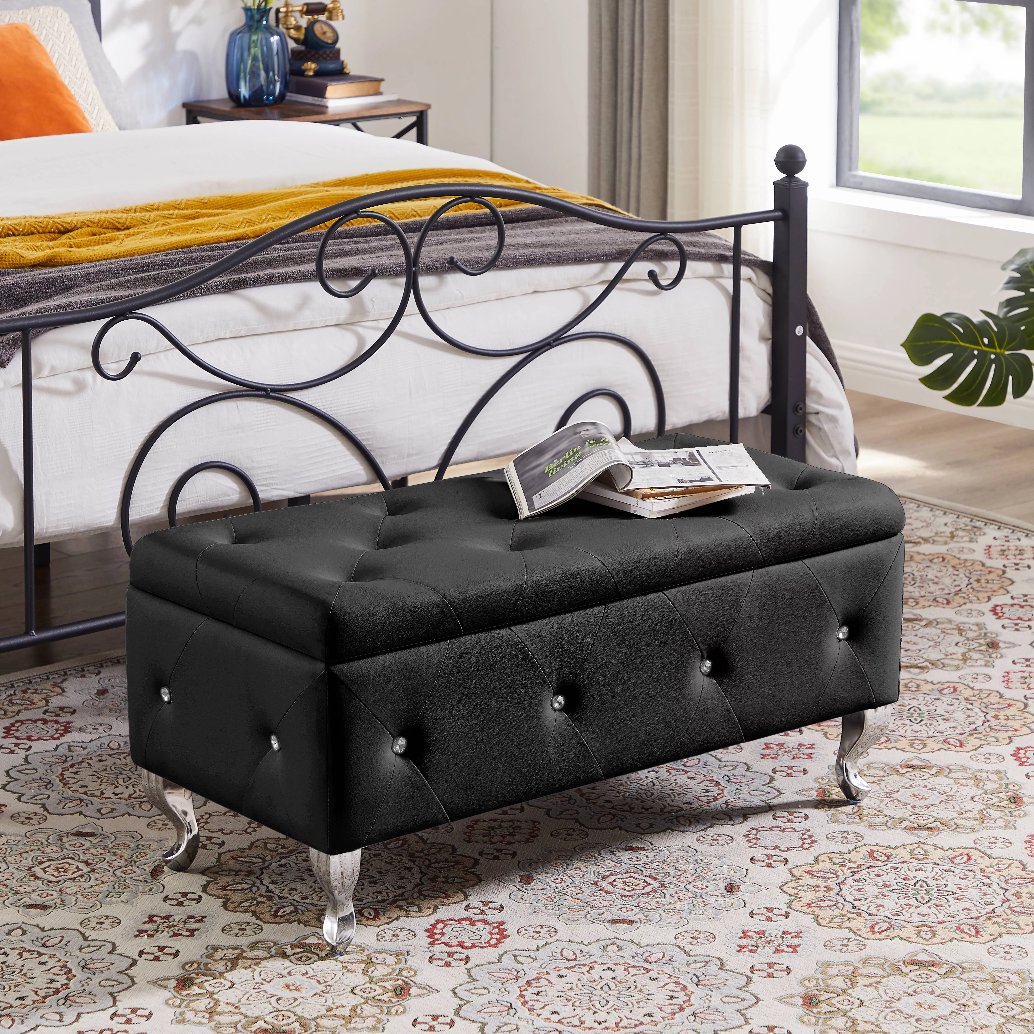 Upholstered Storage Bench, Entryway Flip Top Bench with Safety Hinge, Storage Chest with Padded Seat, Bed End Ottoman with Storage for Bedroom, Holds up to 250lb, Black PU, L0249