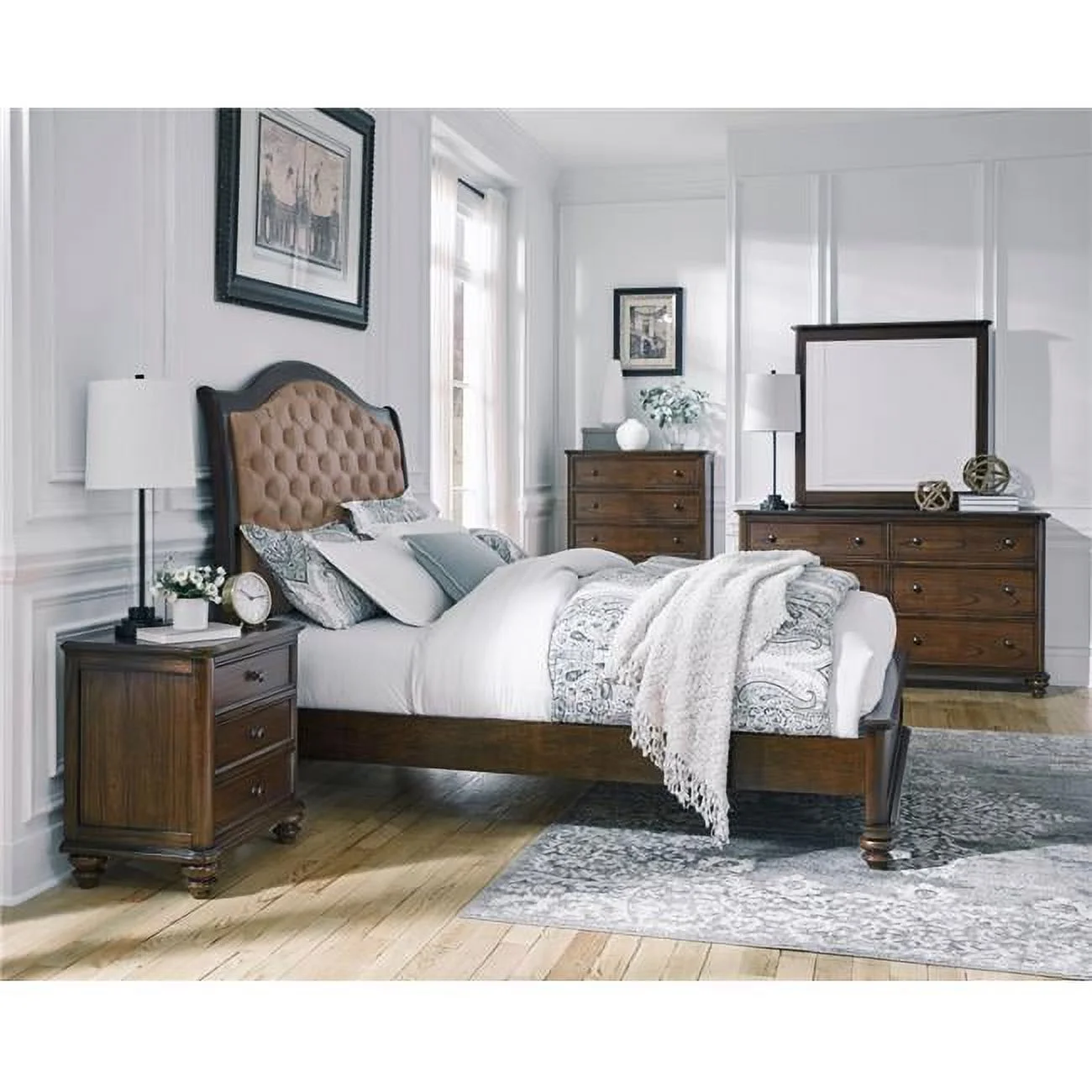 B122-34-35-78 Bedroom Complete Upholstered Bed, Aged Oak - Queen Size