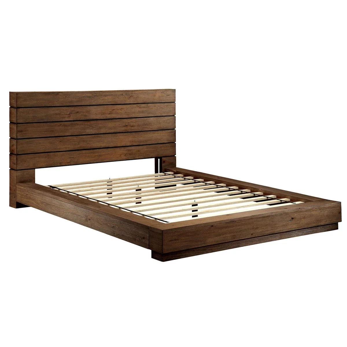 Eastern King Size Bed 1pc Bedframe Contemporary Look Rustic Natural Tone Slats Plank Headboard Solid wood Bedroom Furniture