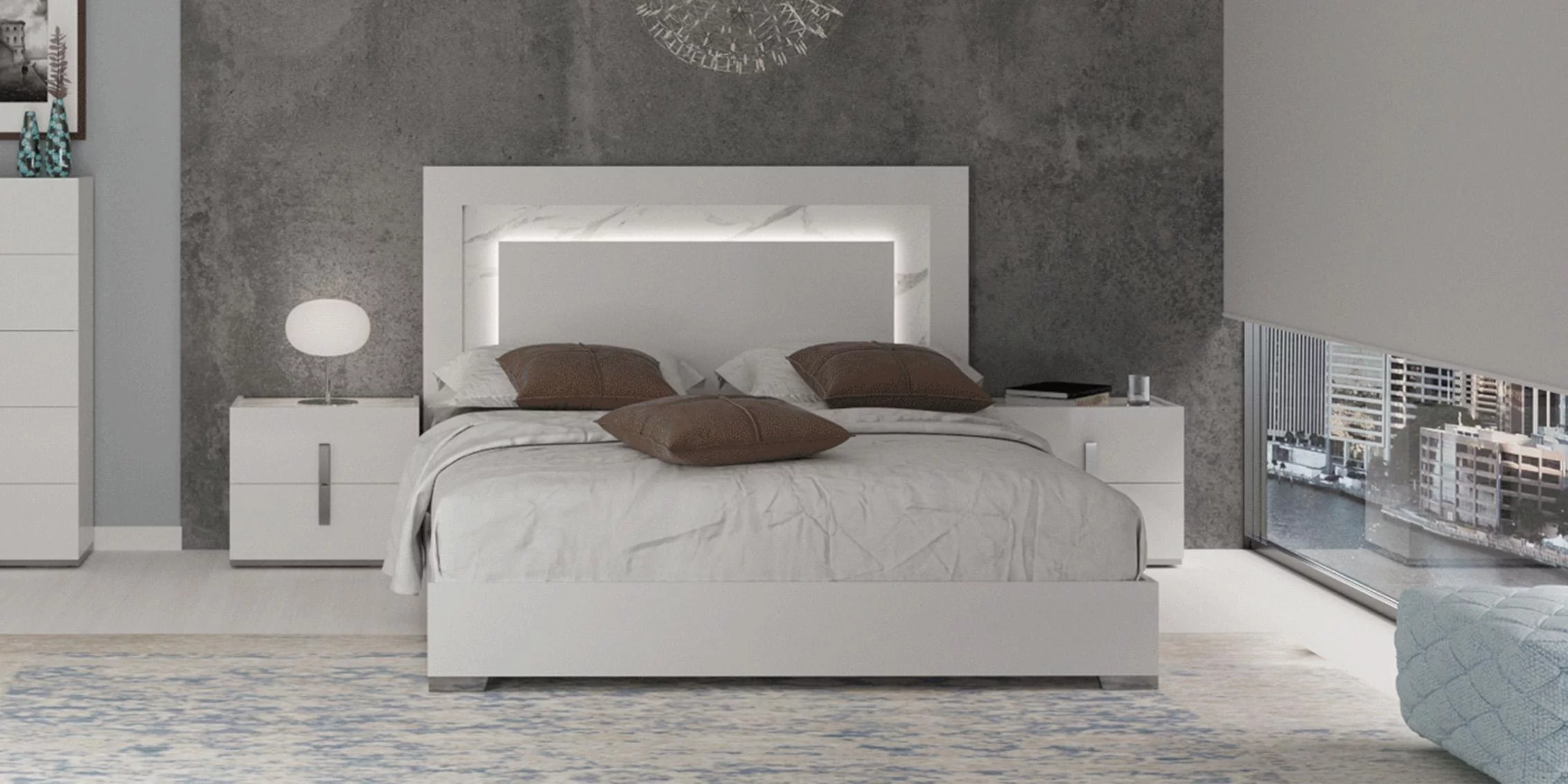 Glossy White Queen Bed Set 3 w/ LED Headboard CARRARA ESF Modern MADE IN ITALY